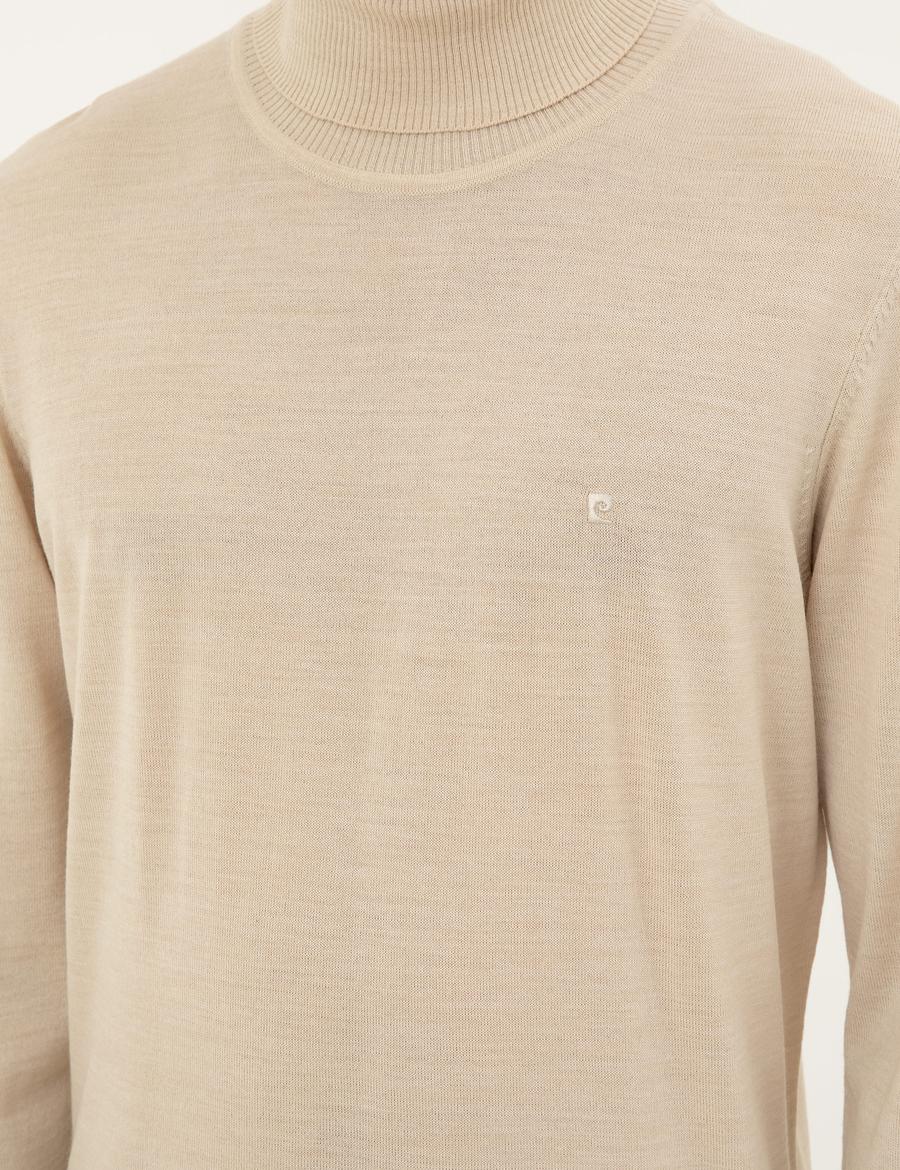 Bej Slim Fit Balıkçı Yaka Yün Karışımlı Basic Triko Kazak