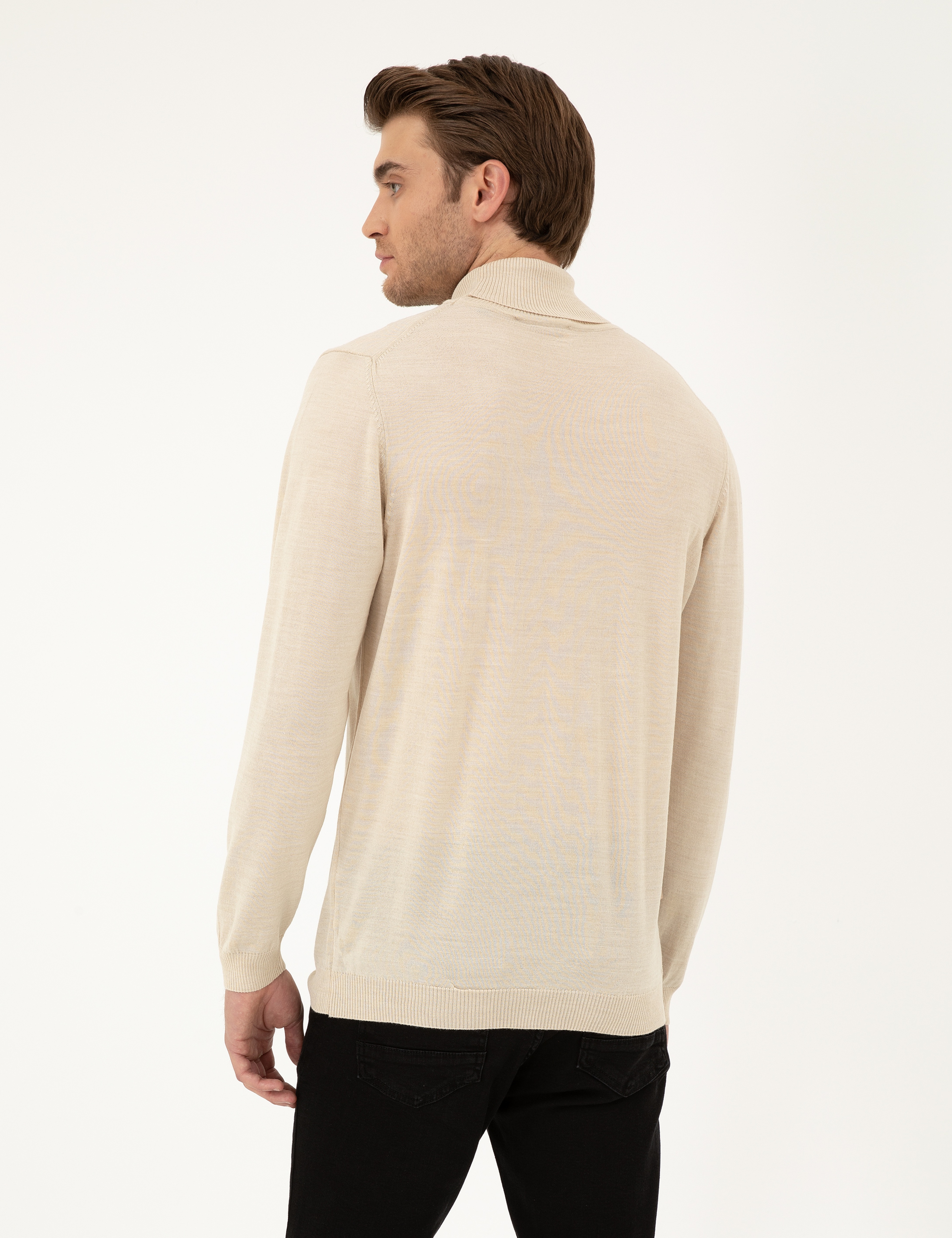 Bej Slim Fit Balıkçı Yaka Yün Karışımlı Basic Triko Kazak - Image 5