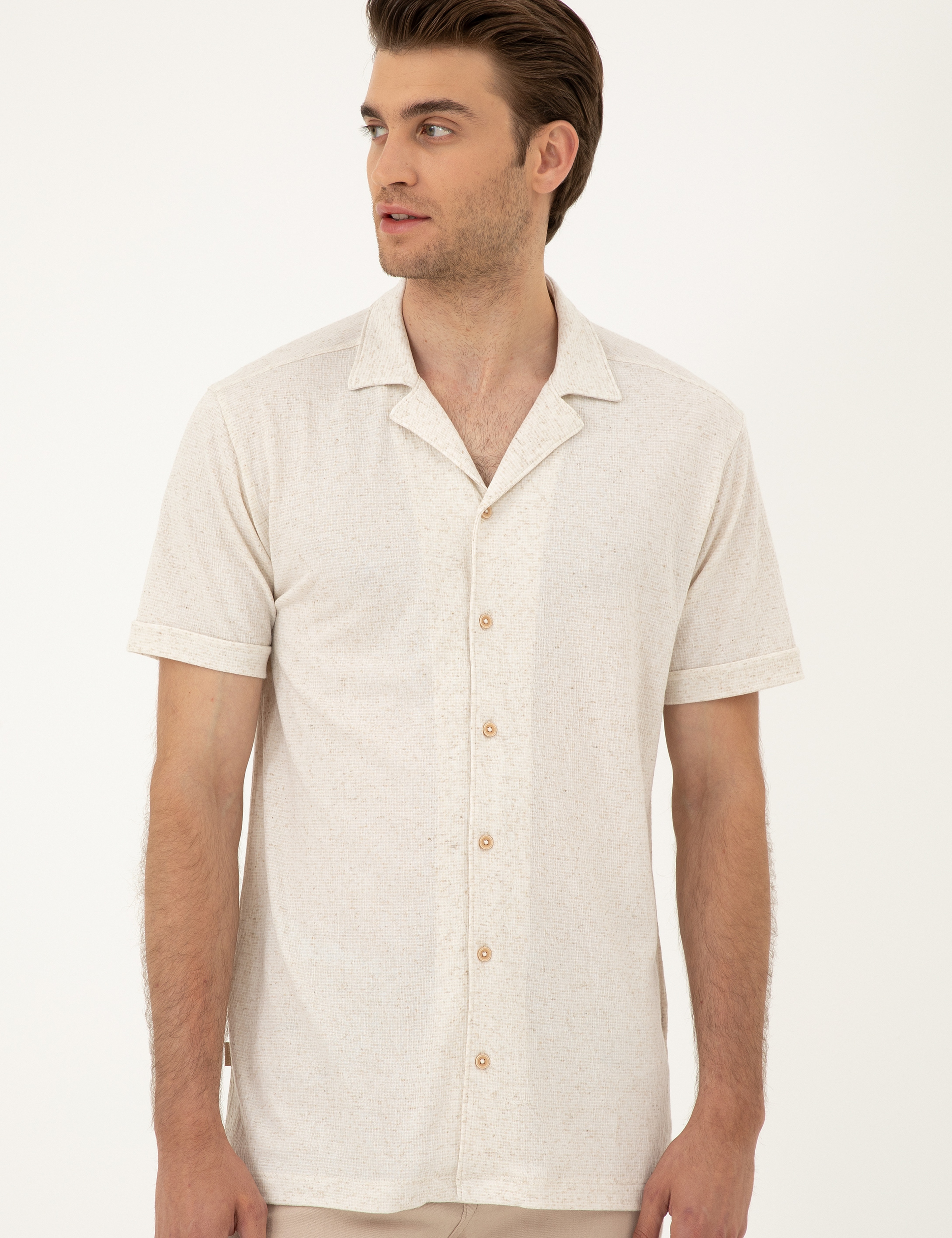 Bej Slim Fit Örme Gömlek - Image 3
