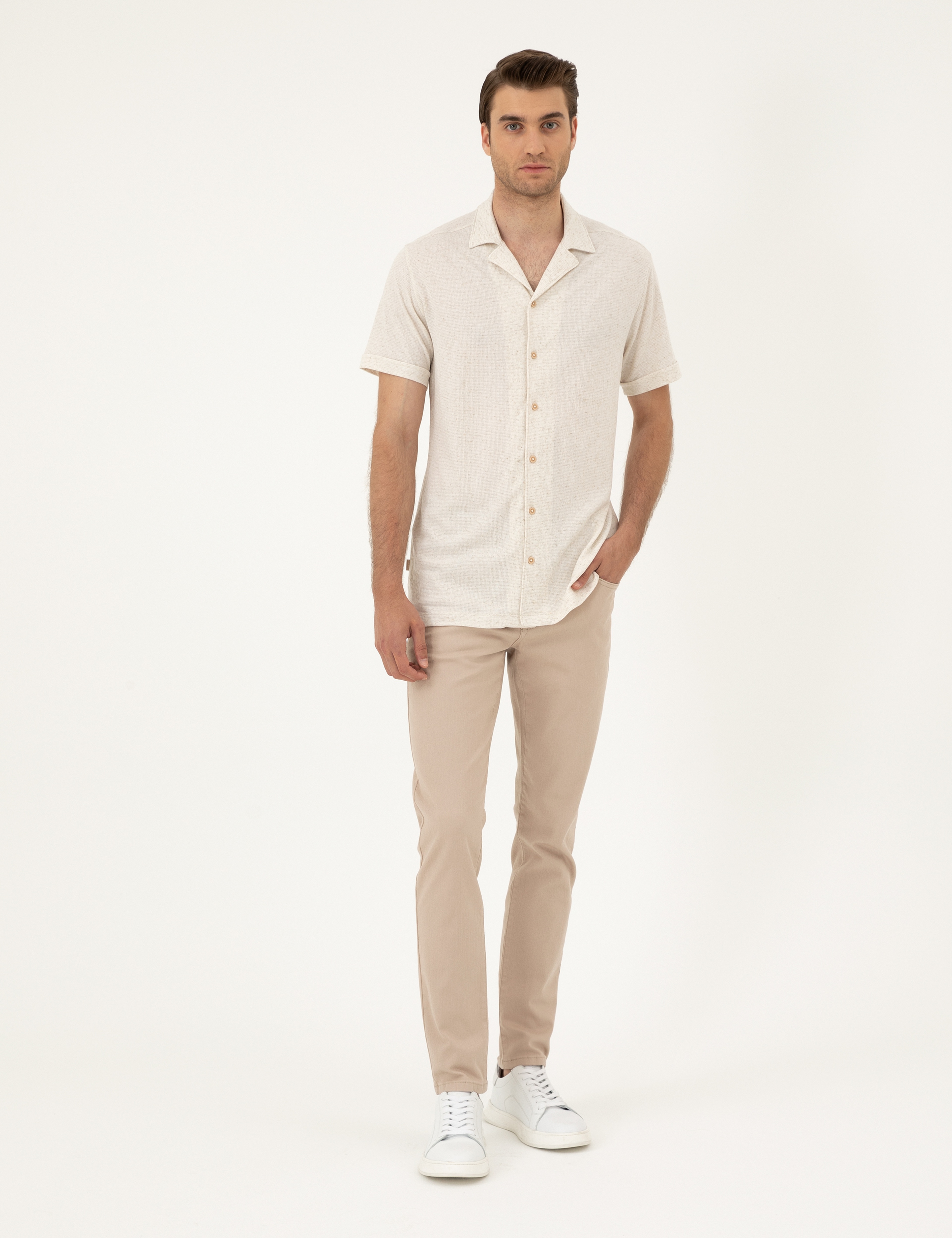 Bej Slim Fit Örme Gömlek - Image 4
