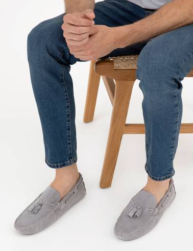 Gri %100 Deri Loafer Ayakkabı