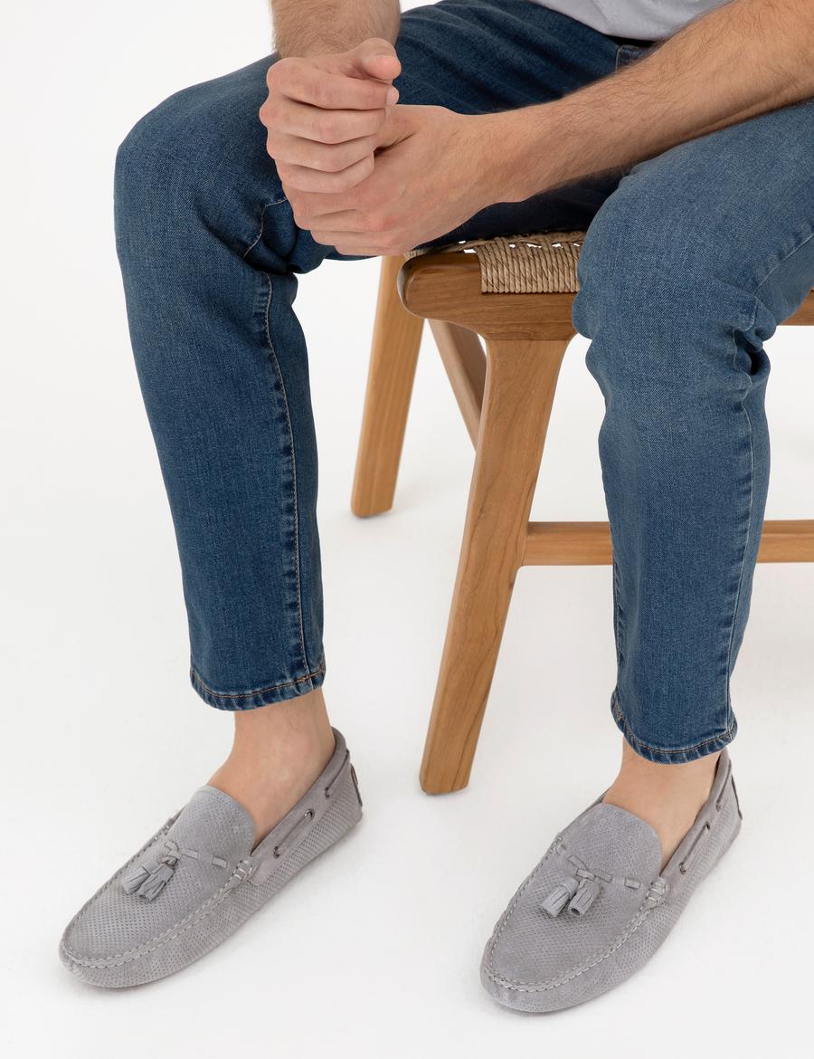 Gri %100 Deri Loafer Ayakkabı