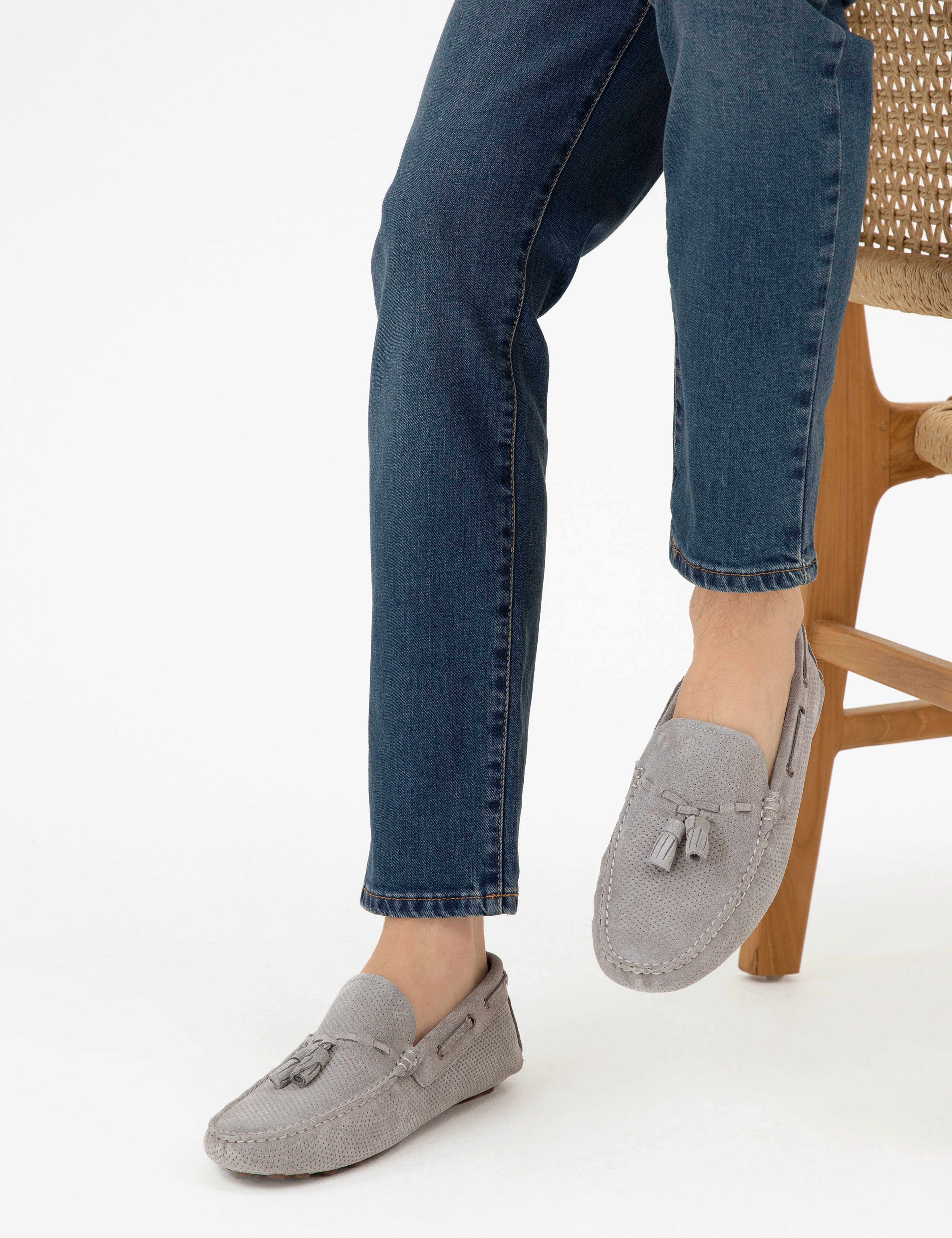 Gri %100 Deri Loafer Ayakkabı