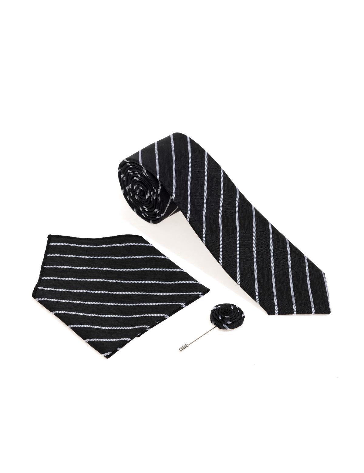 Siyah 3'lü Kravat-Mendil-Kravat İğnesi Set