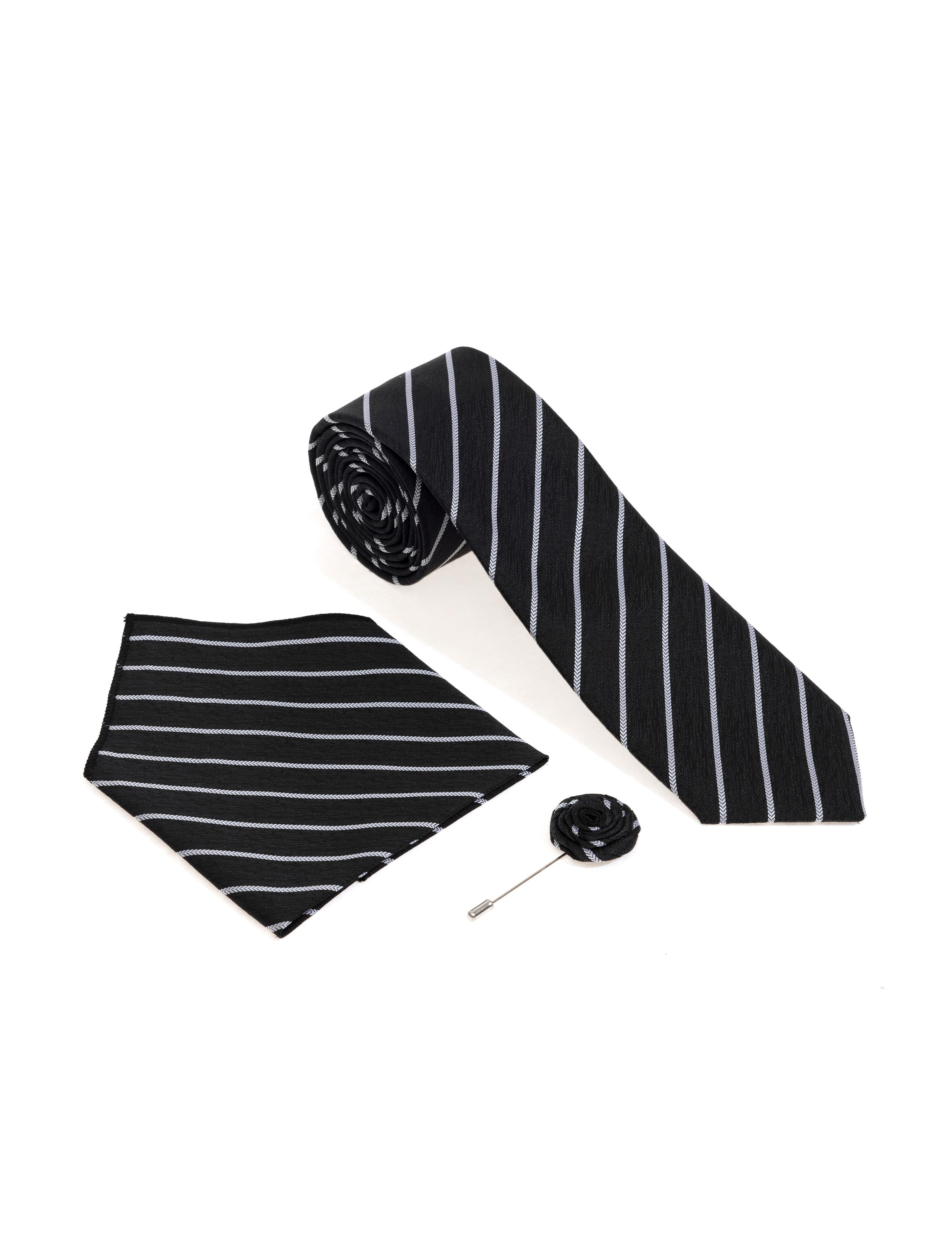 Siyah 3'lü Kravat-Mendil-Kravat İğnesi Set