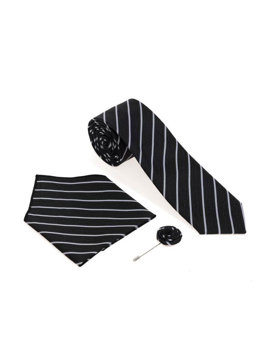 Siyah 3'lü Kravat-Mendil-Kravat İğnesi Set