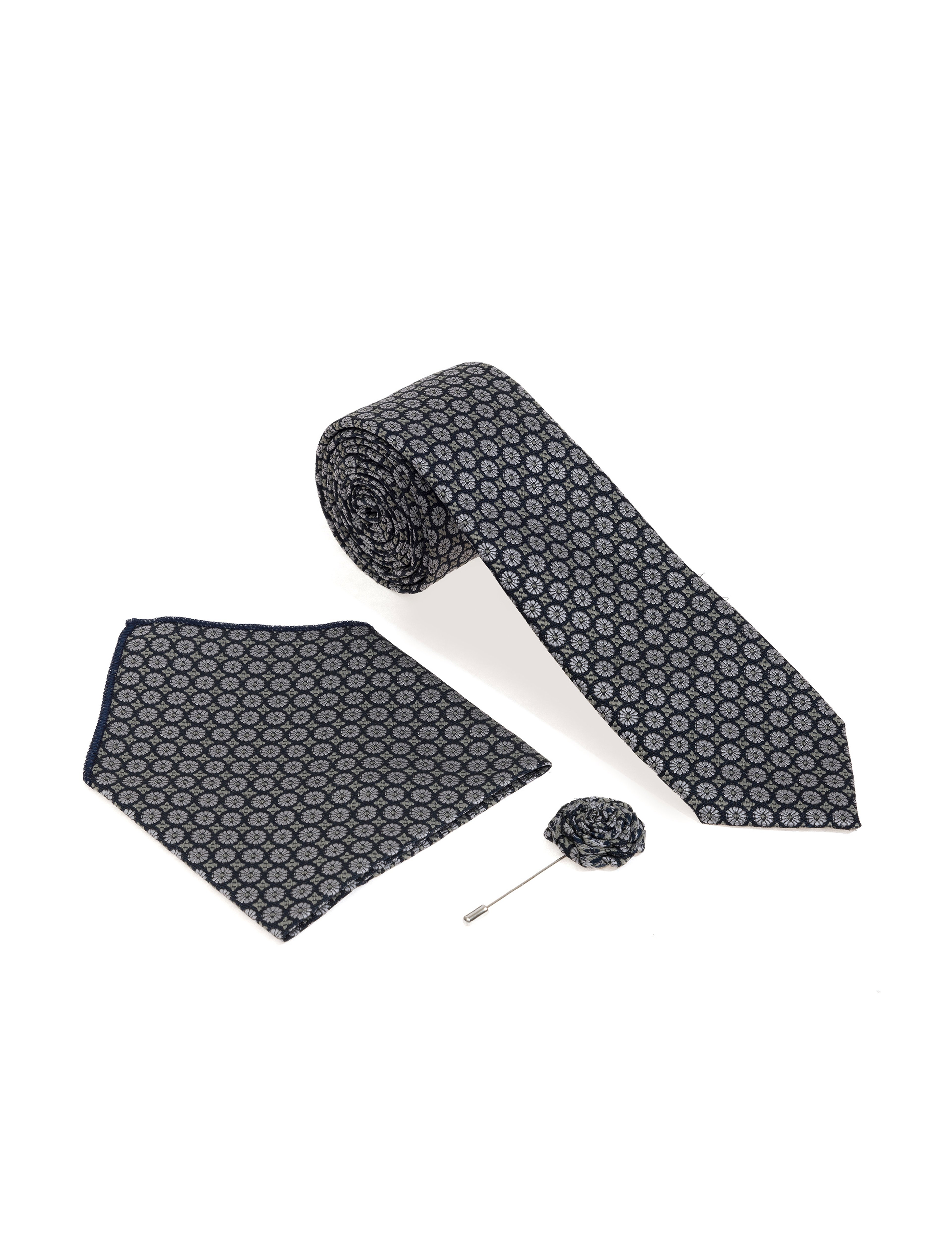 Lacivert 3'lü Kravat-Mendil-Kravat İğnesi Set - Image 1