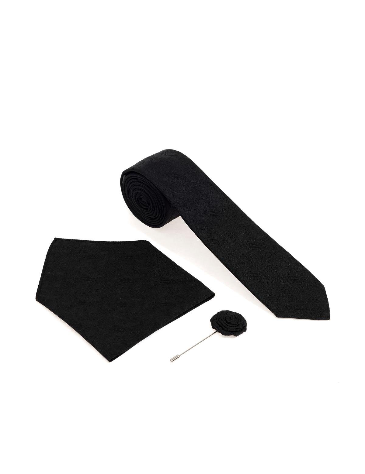 Siyah 3'lü Kravat-Mendil-Kravat İğnesi Set