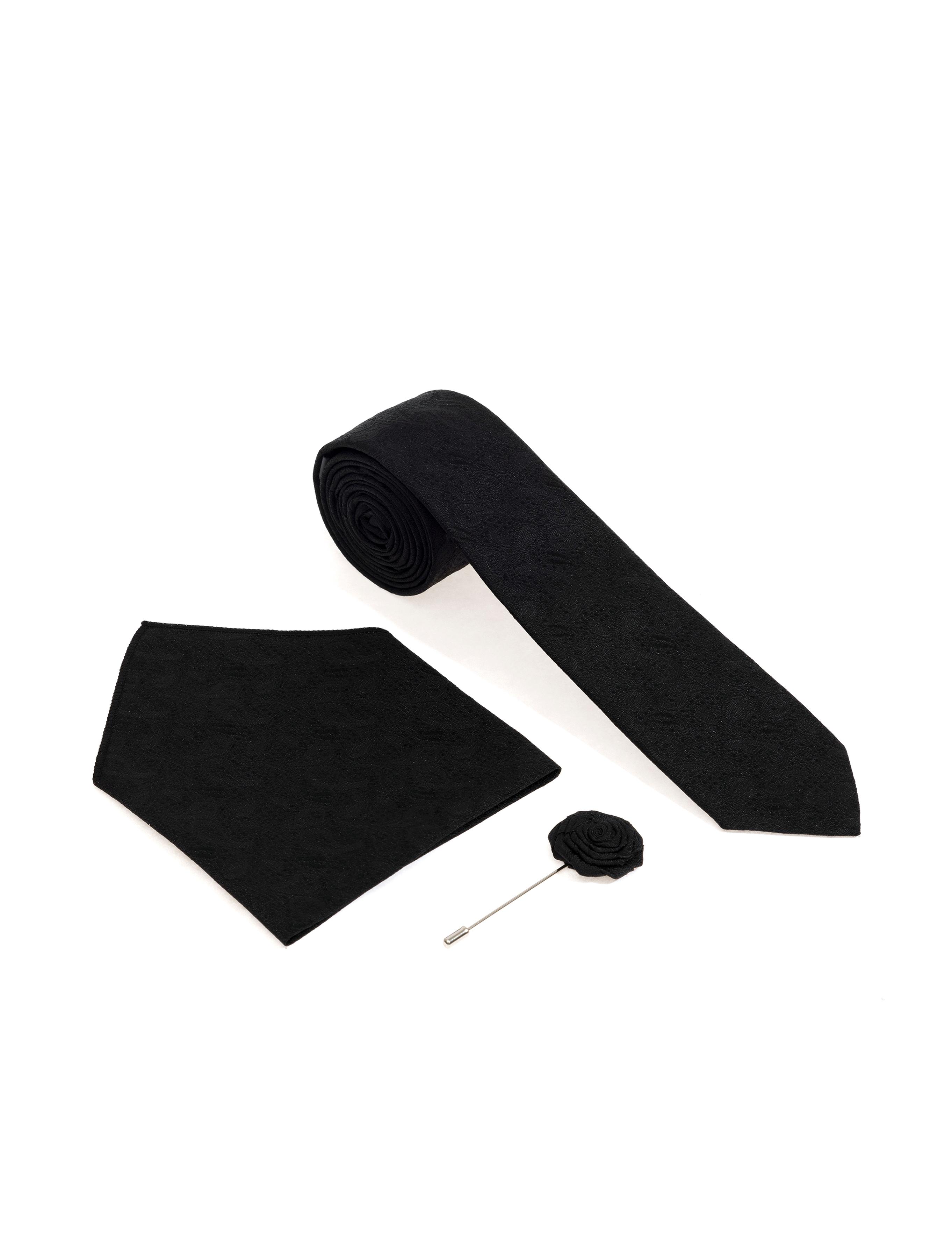 Siyah 3'lü Kravat-Mendil-Kravat İğnesi Set