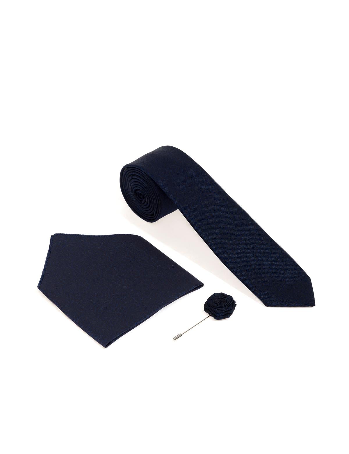 Lacivert 3'lü Kravat-Mendil-Kravat İğnesi Set
