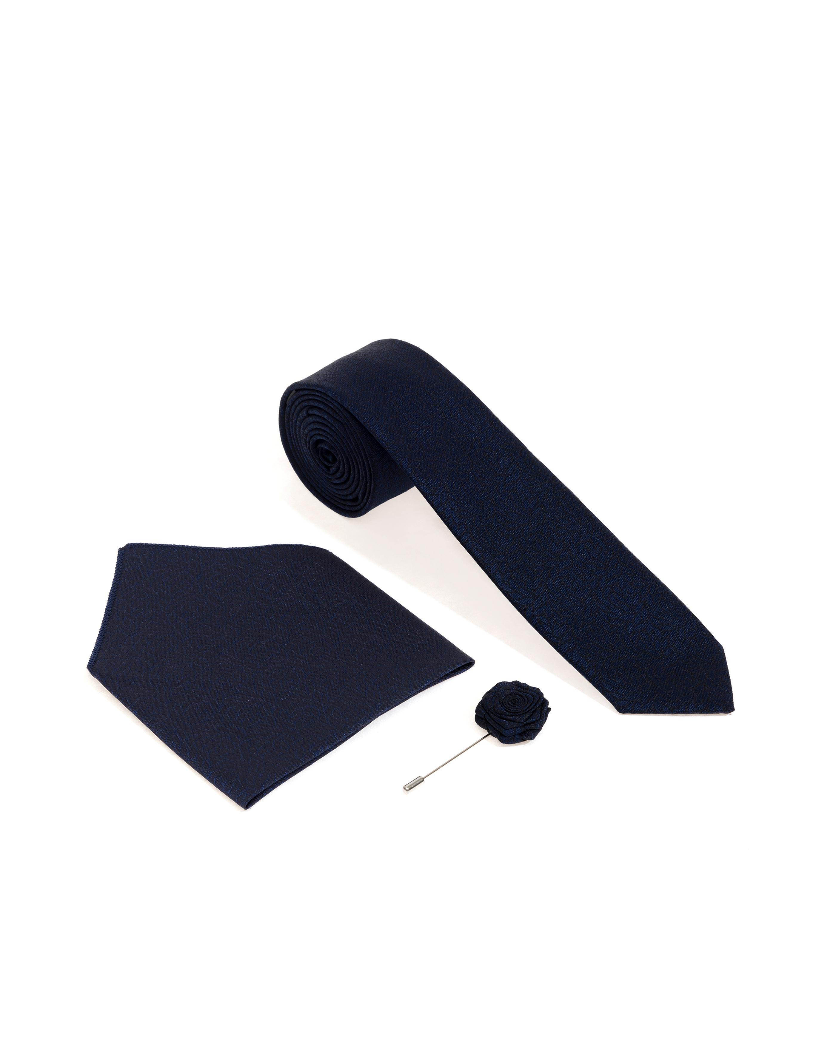 Lacivert 3'lü Kravat-Mendil-Kravat İğnesi Set