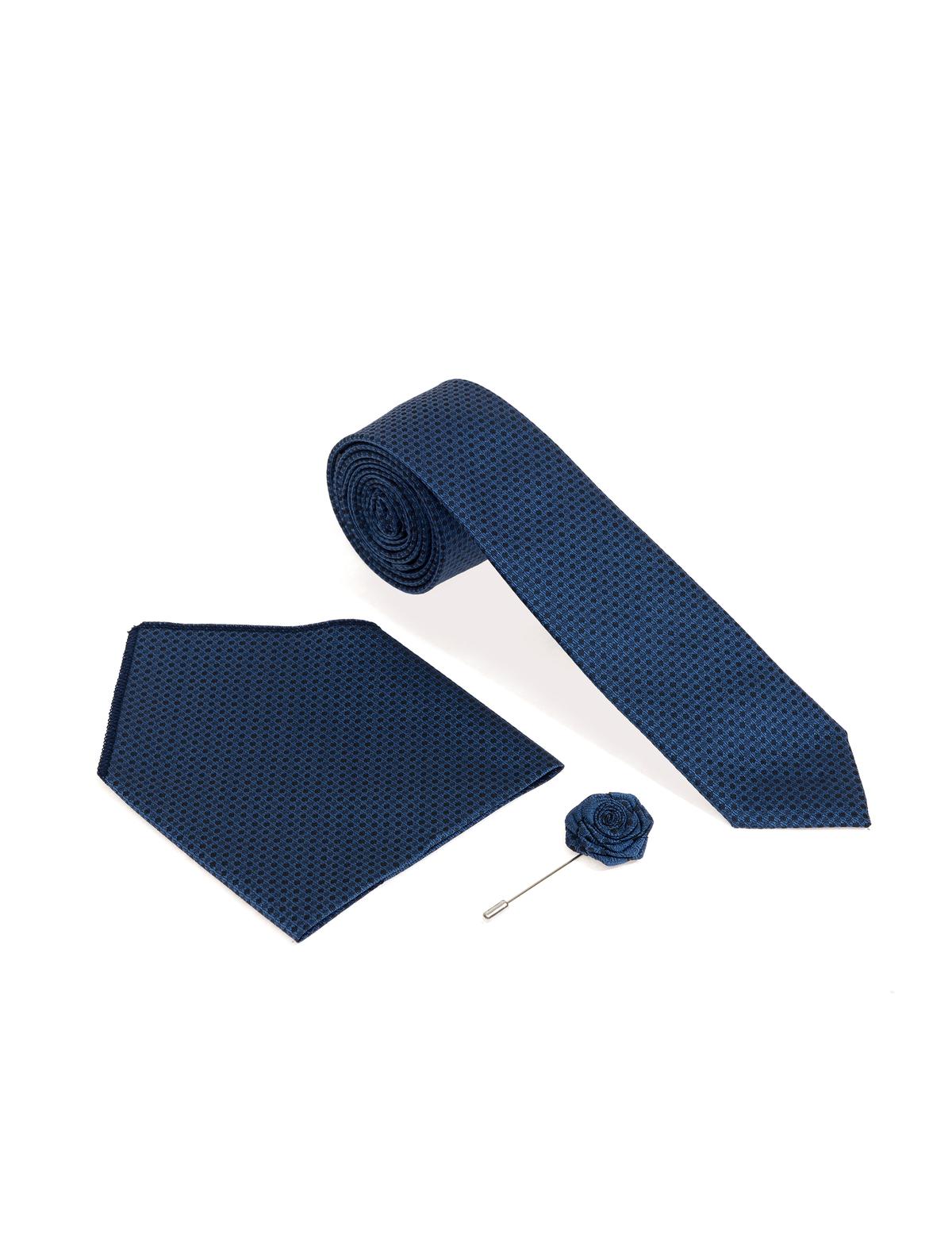 Lacivert 3'lü Kravat-Mendil-Kravat İğnesi Set