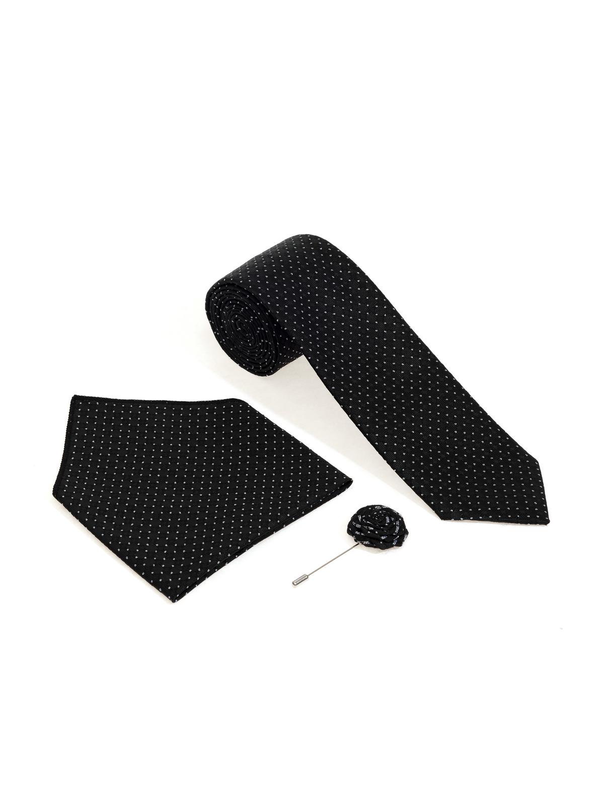 Siyah 3'lü Kravat-Mendil-Kravat İğnesi Set