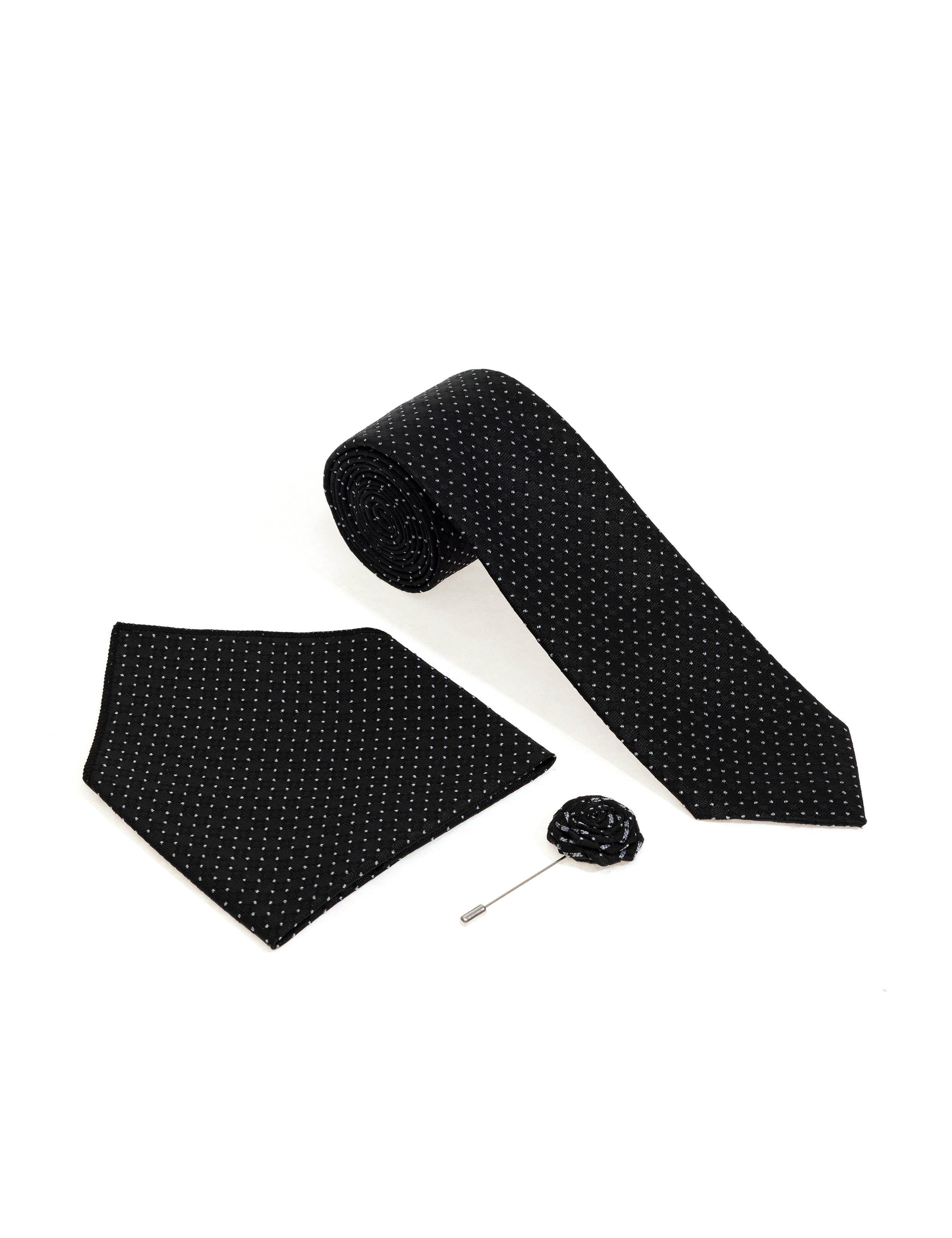 Siyah 3'lü Kravat-Mendil-Kravat İğnesi Set