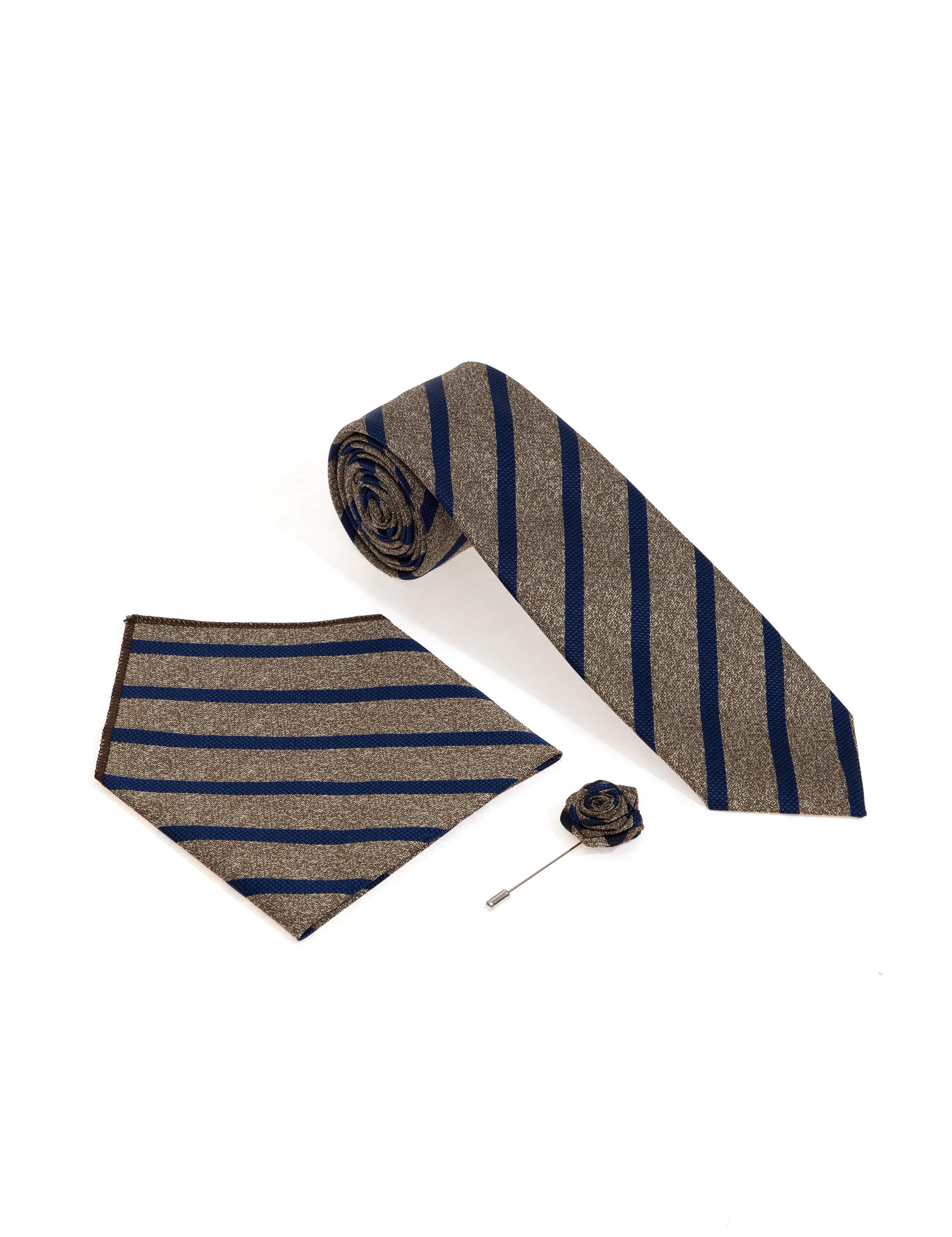 Haki 3'lü Kravat-Mendil-Kravat İğnesi Set