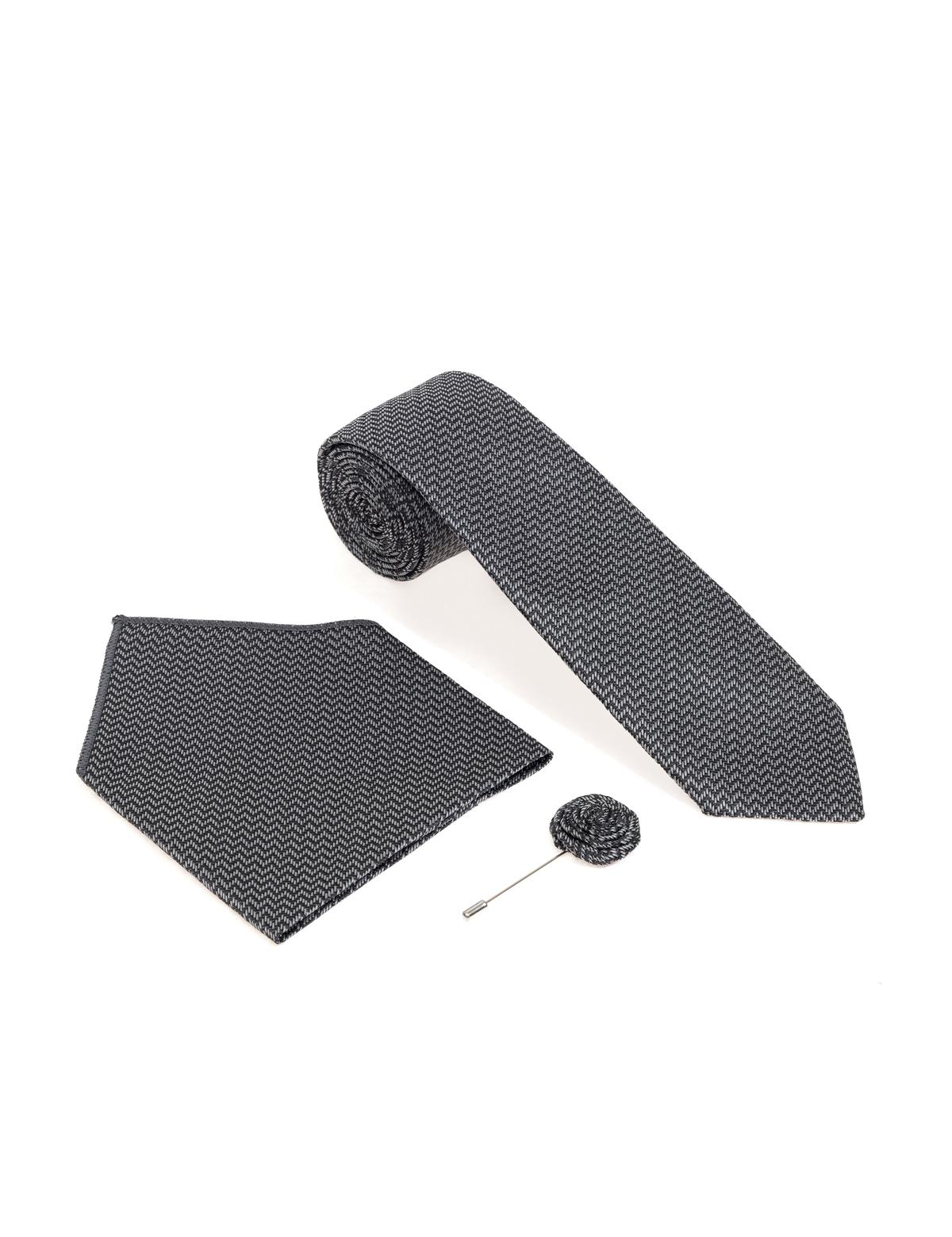 Siyah 3'lü Kravat-Mendil-Kravat İğnesi Set