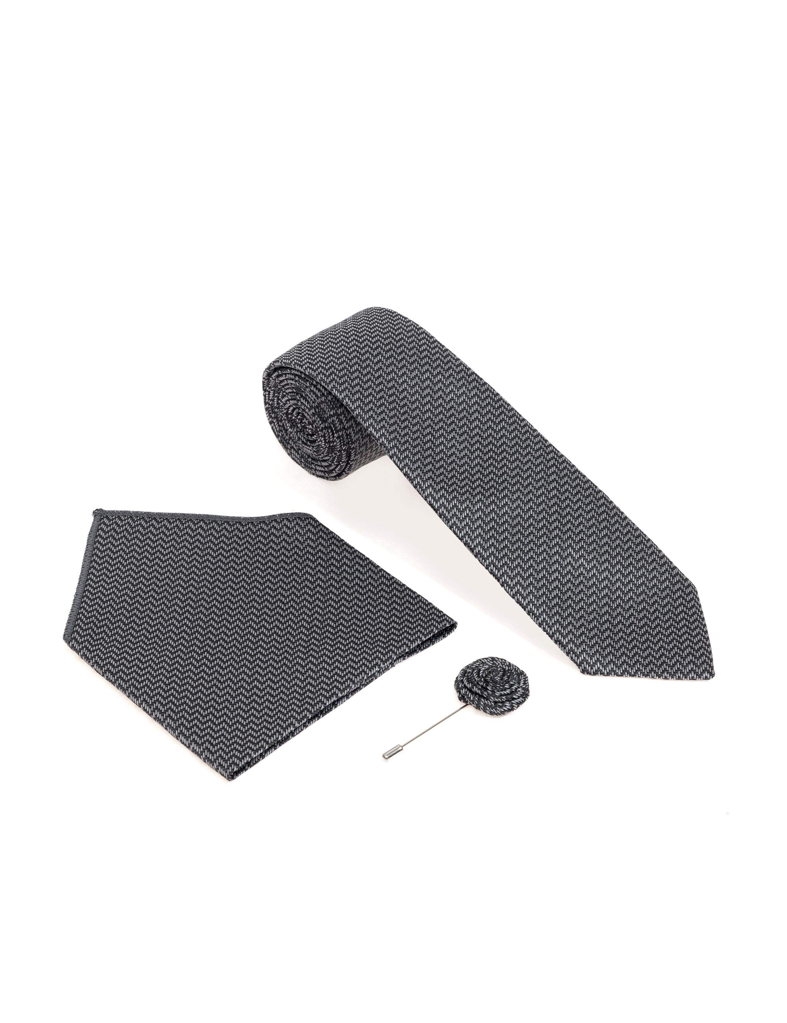 Siyah 3'lü Kravat-Mendil-Kravat İğnesi Set