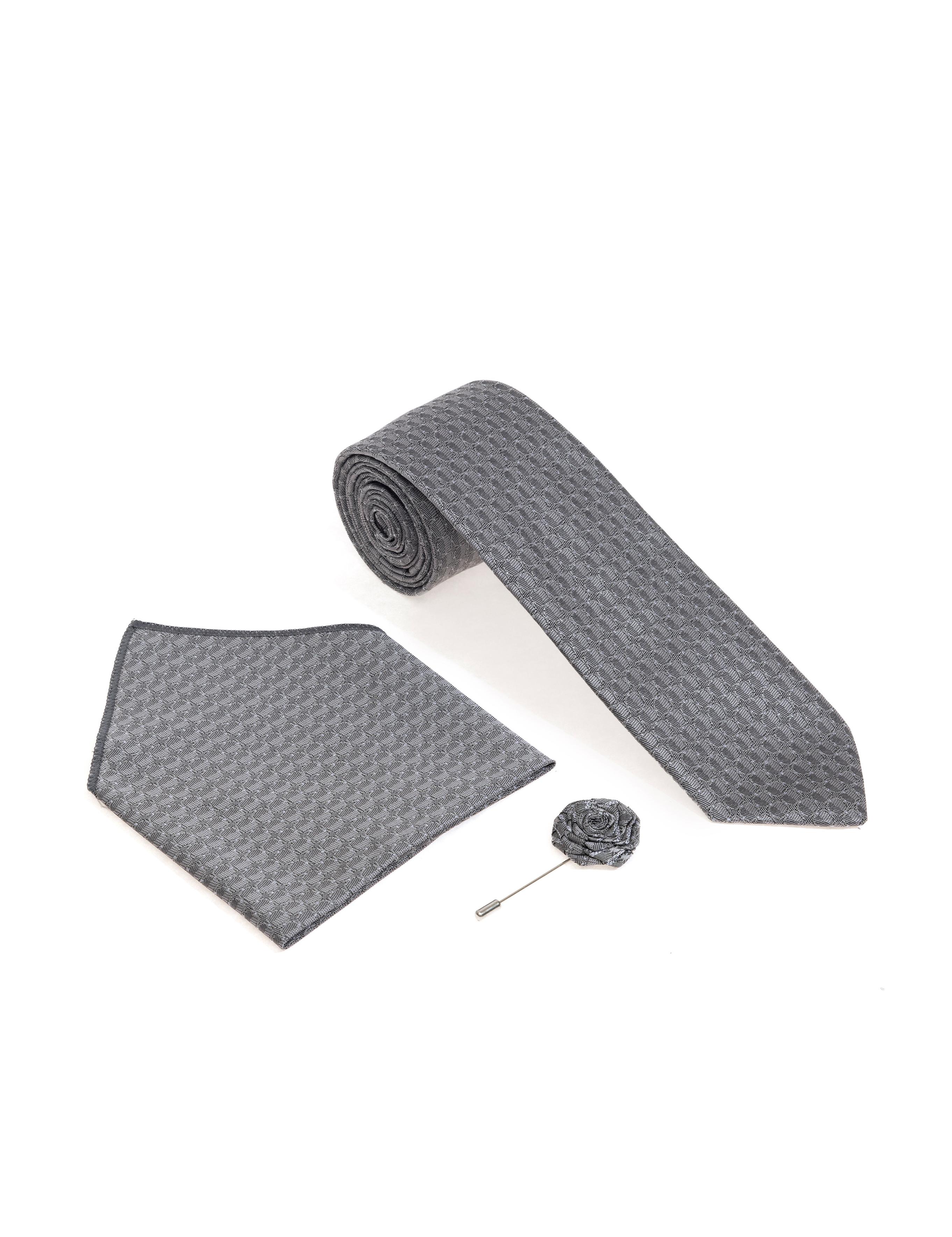 Gri 3'lü Kravat-Mendil-Kravat İğnesi Set