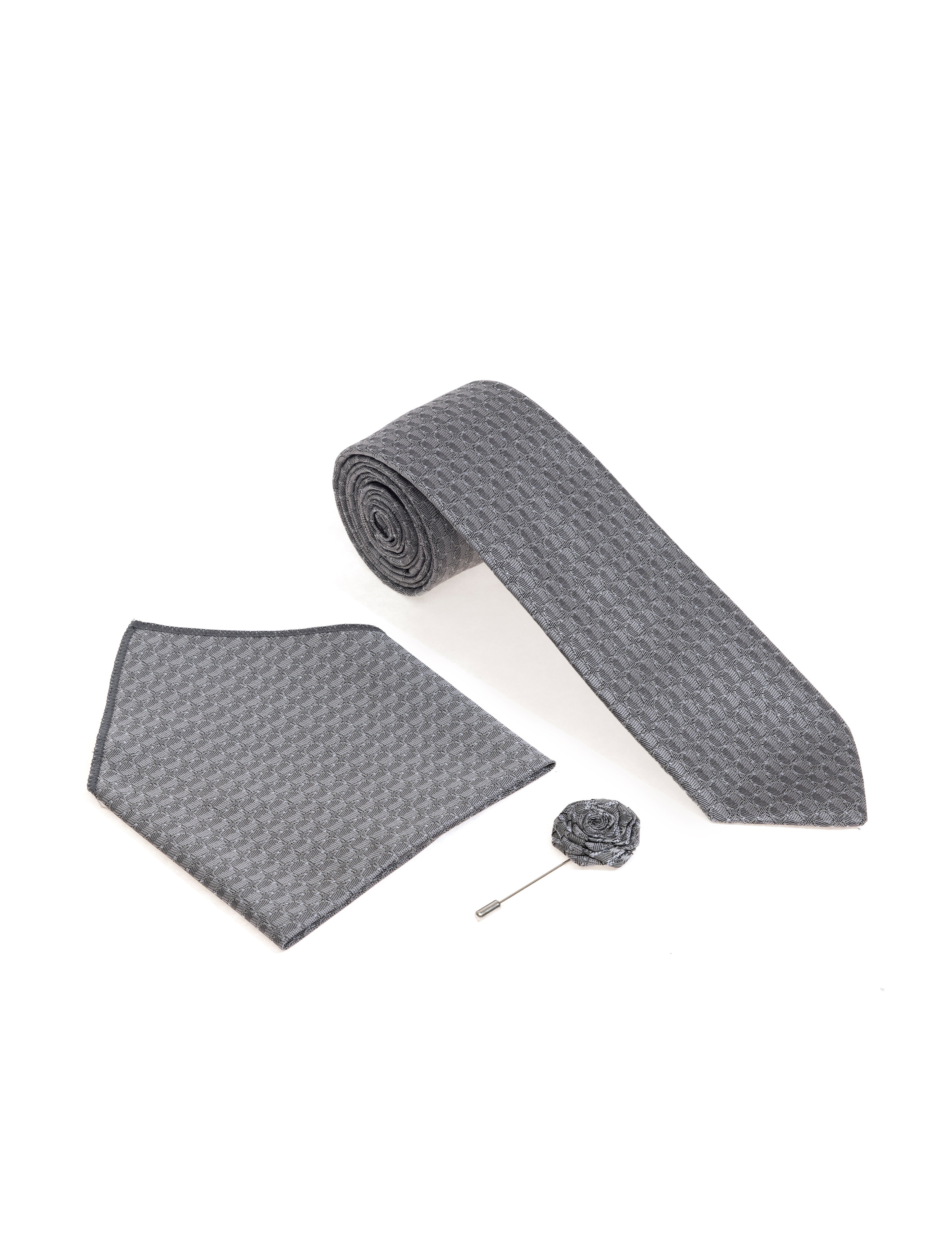 Gri 3'lü Kravat-Mendil-Kravat İğnesi Set - Image 1