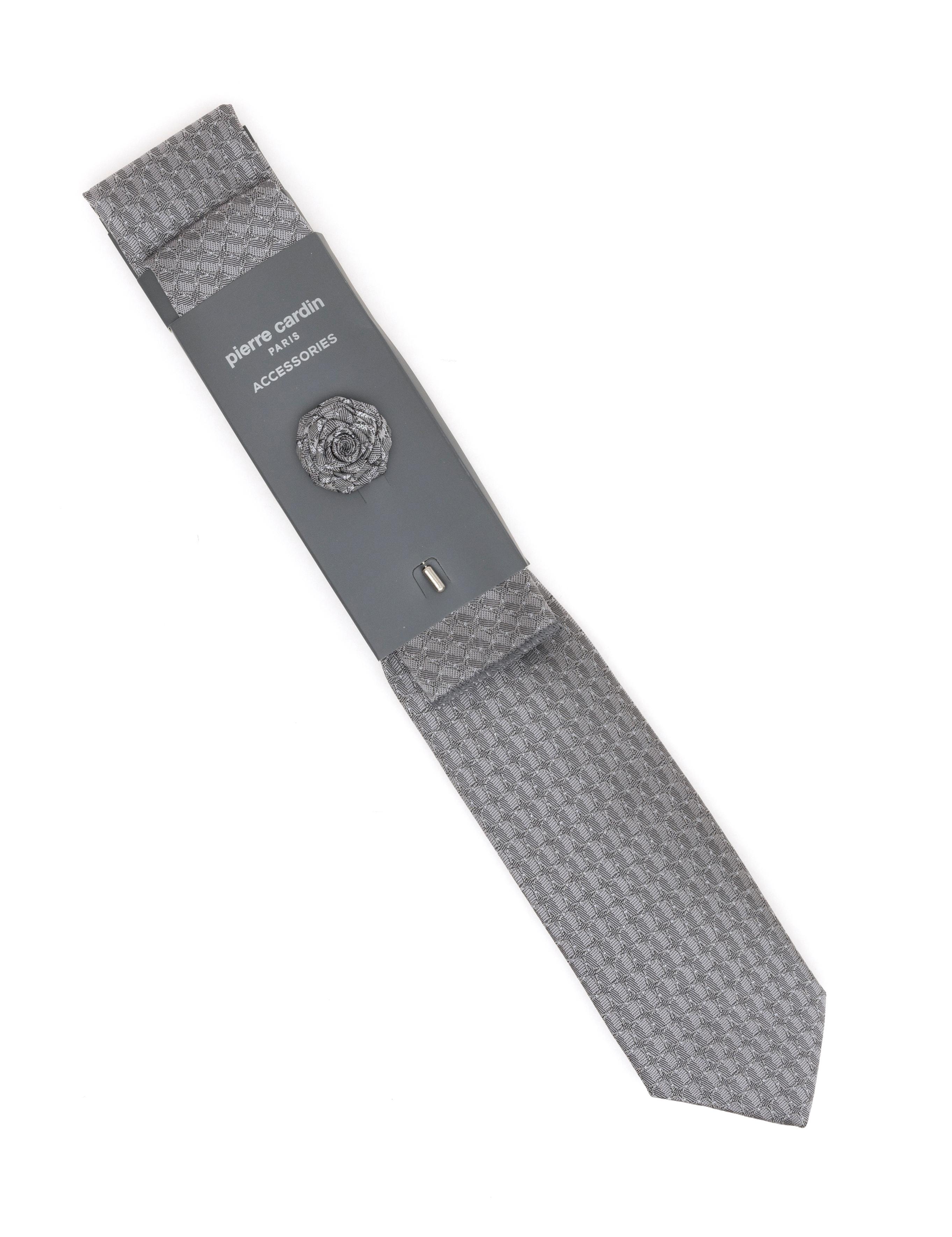 Gri 3'lü Kravat-Mendil-Kravat İğnesi Set