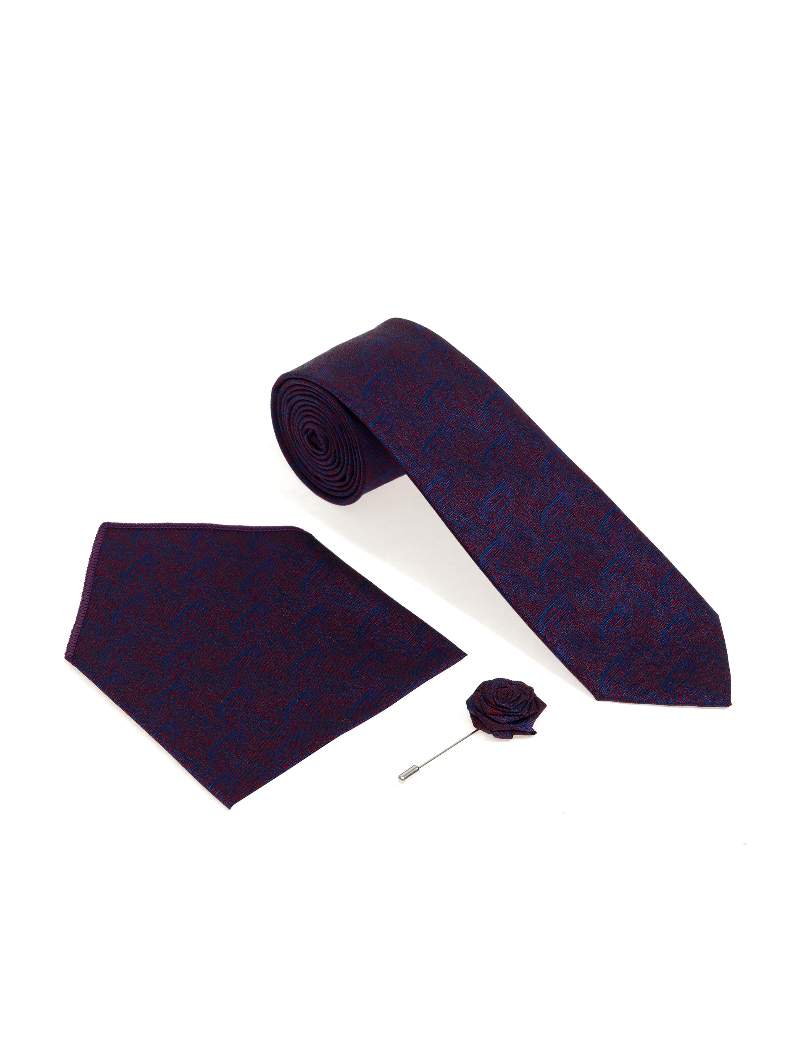 Bordo 3'lü Kravat-Mendil-Kravat İğnesi Set