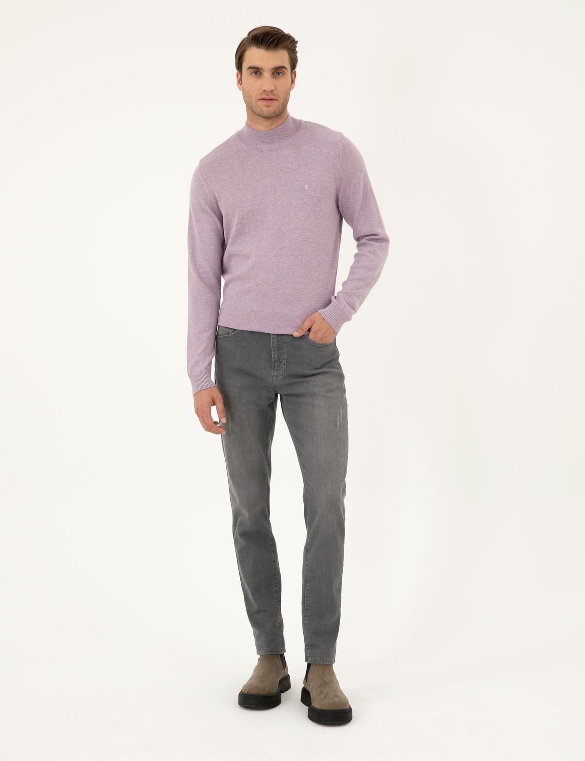 Lila Melanj Slim Fit Yarım Balıkçı Yaka Basic Triko Kazak - 50296548124