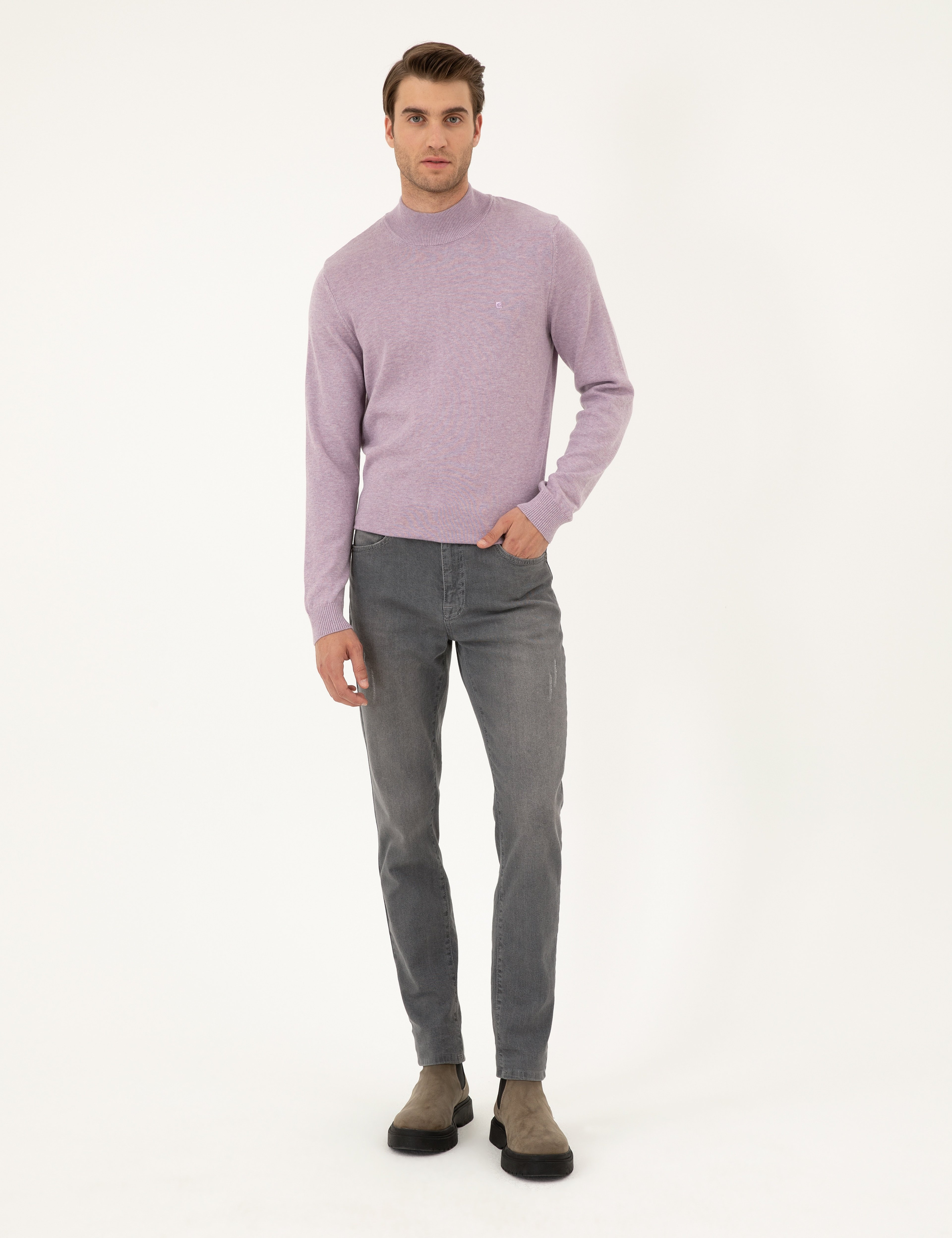 Lila Melanj Slim Fit Yarım Balıkçı Yaka Basic Triko Kazak