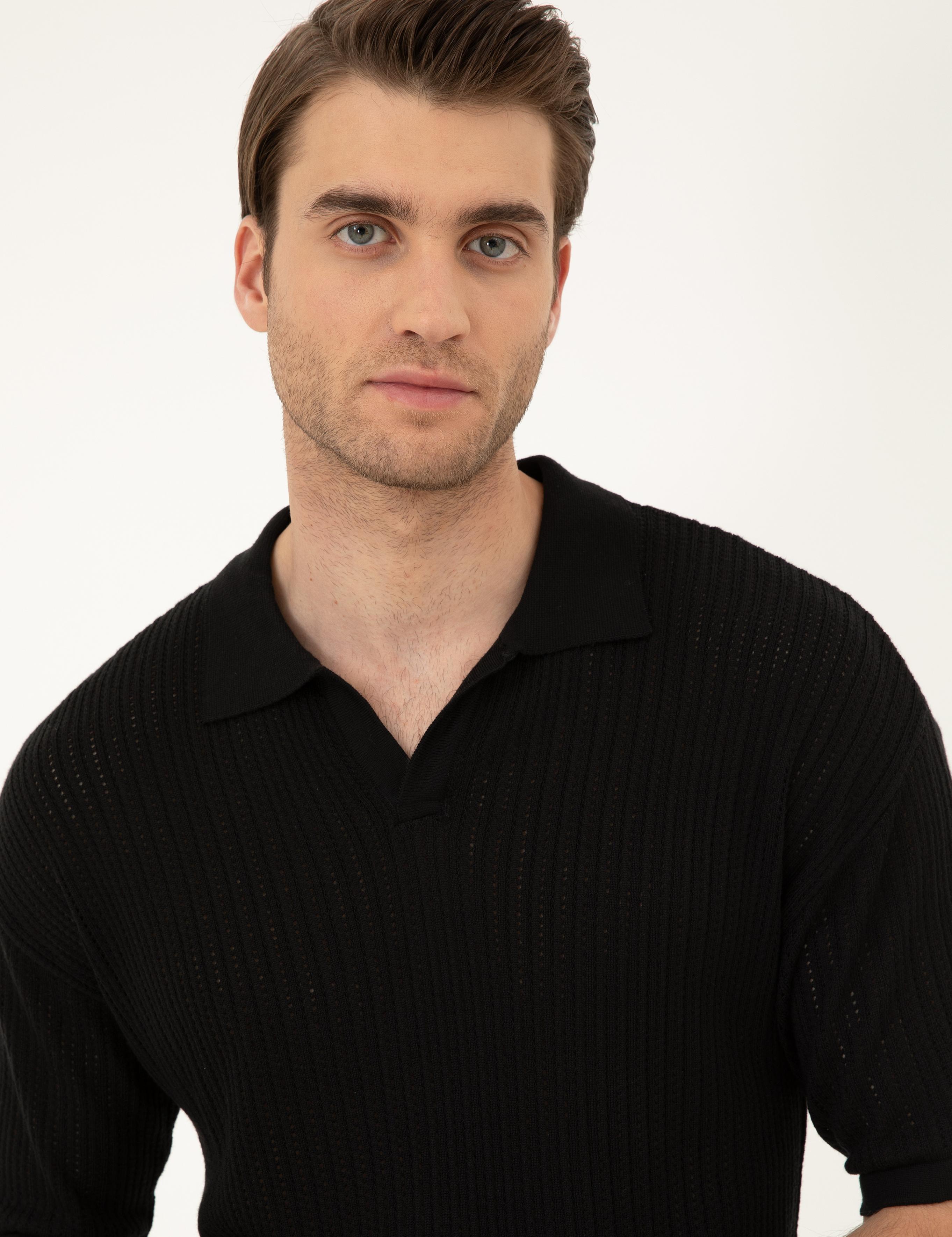 Siyah Comfort Fit Polo Yaka Triko Tişört