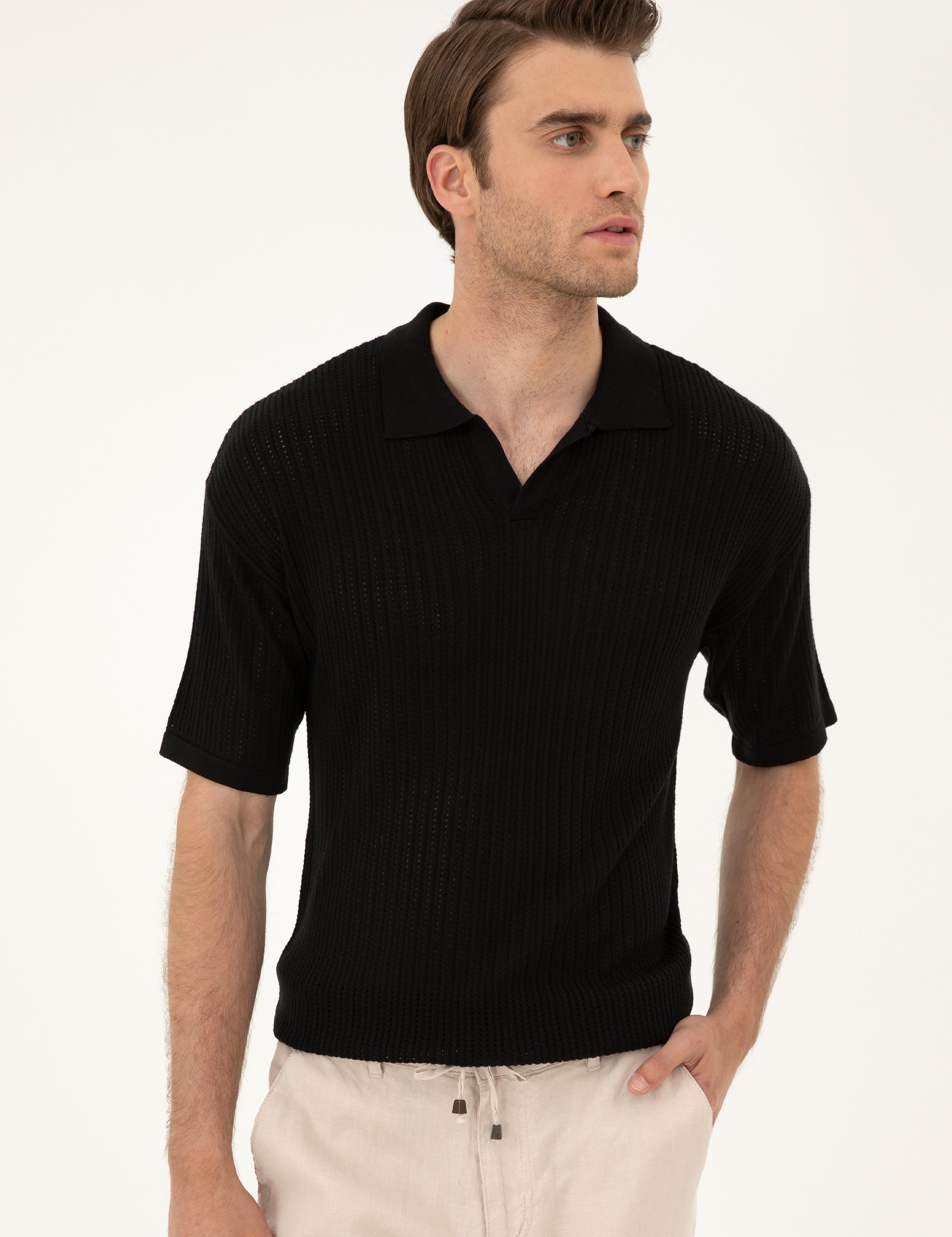 Siyah Comfort Fit Polo Yaka Triko Tişört