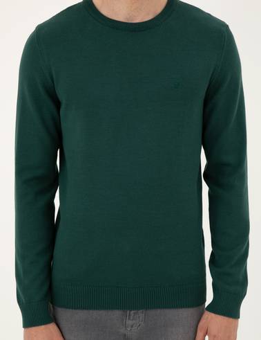 Yeşil Slim Fit Bisiklet Yaka Basic Triko Kazak