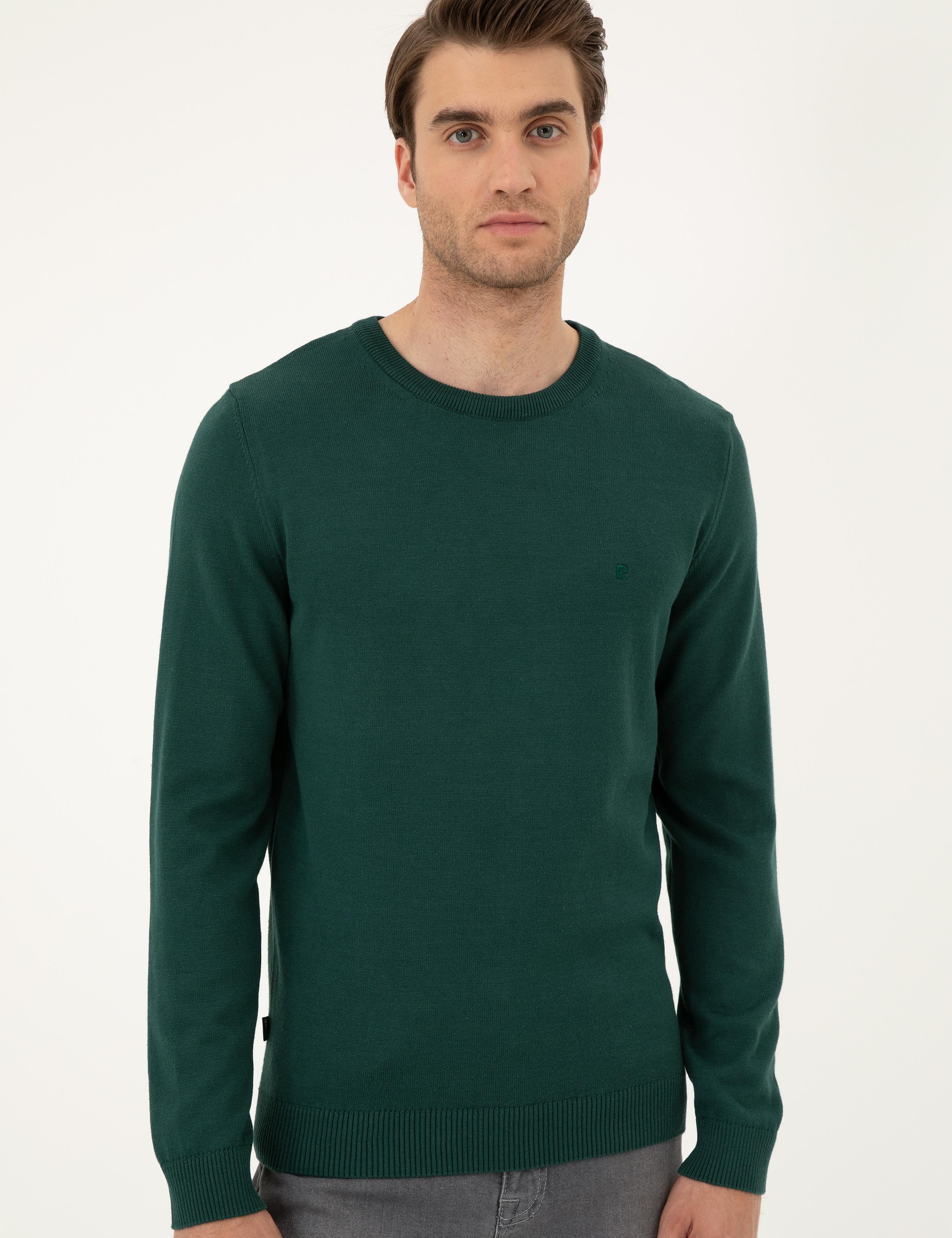 Yeşil Slim Fit Bisiklet Yaka Basic Triko Kazak