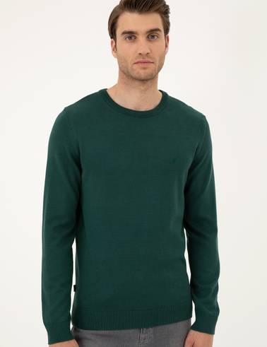 Yeşil Slim Fit Bisiklet Yaka Basic Triko Kazak