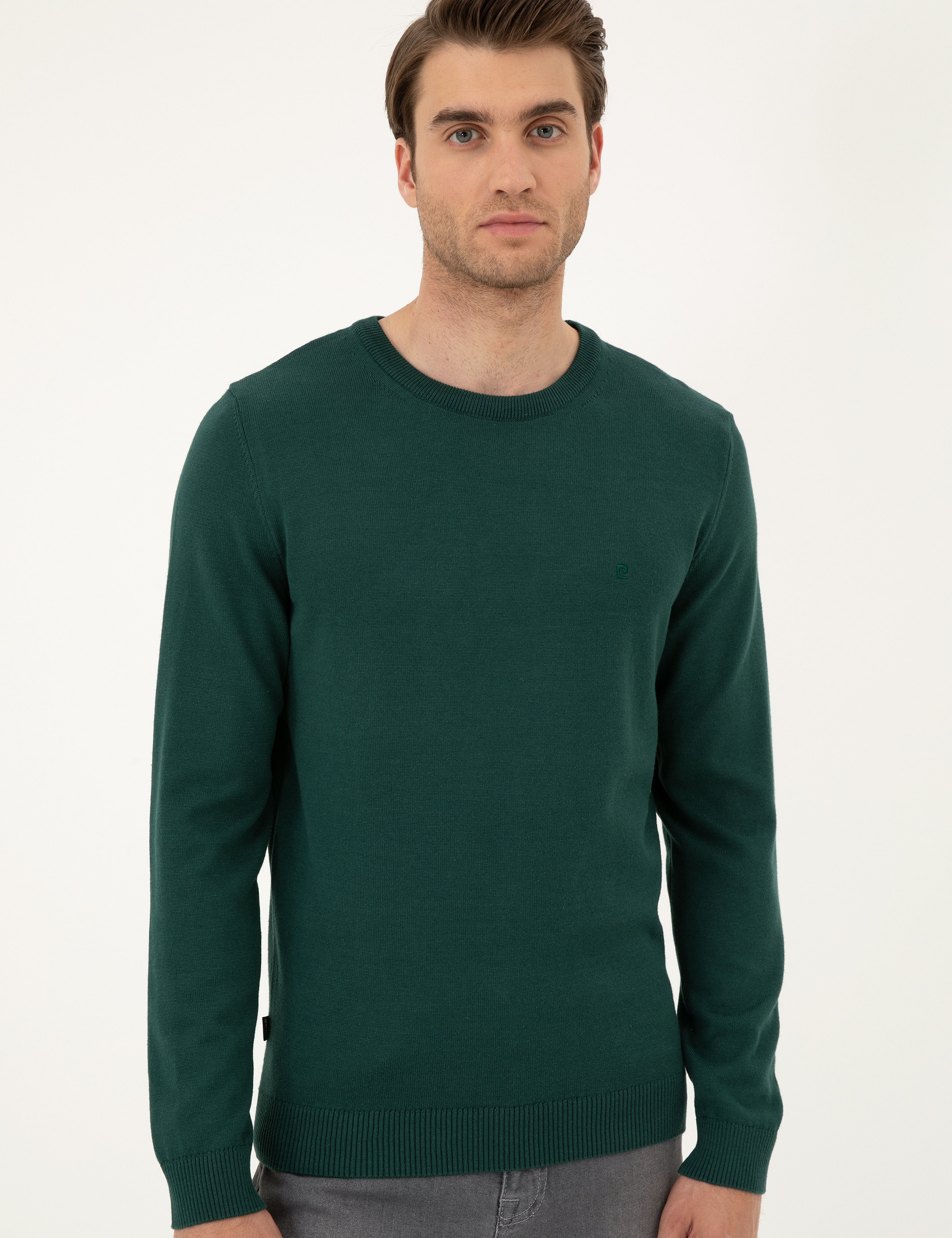 Yeşil Slim Fit Bisiklet Yaka Basic Triko Kazak