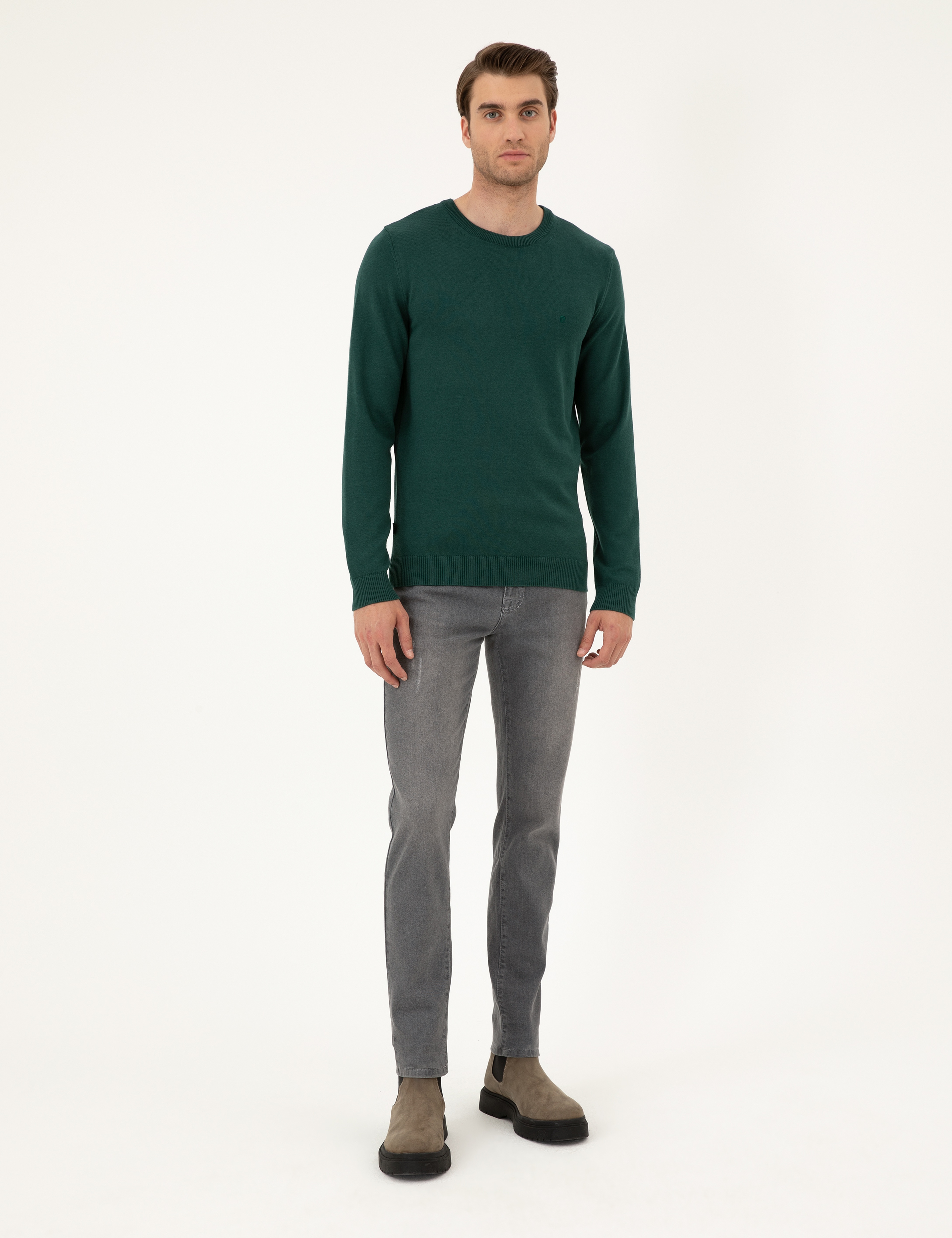 Yeşil Slim Fit Bisiklet Yaka Basic Triko Kazak - Image 4