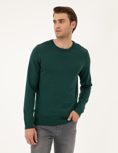 Yeşil Slim Fit Bisiklet Yaka Basic Triko Kazak