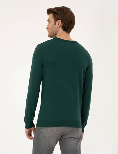 Yeşil Slim Fit Bisiklet Yaka Basic Triko Kazak