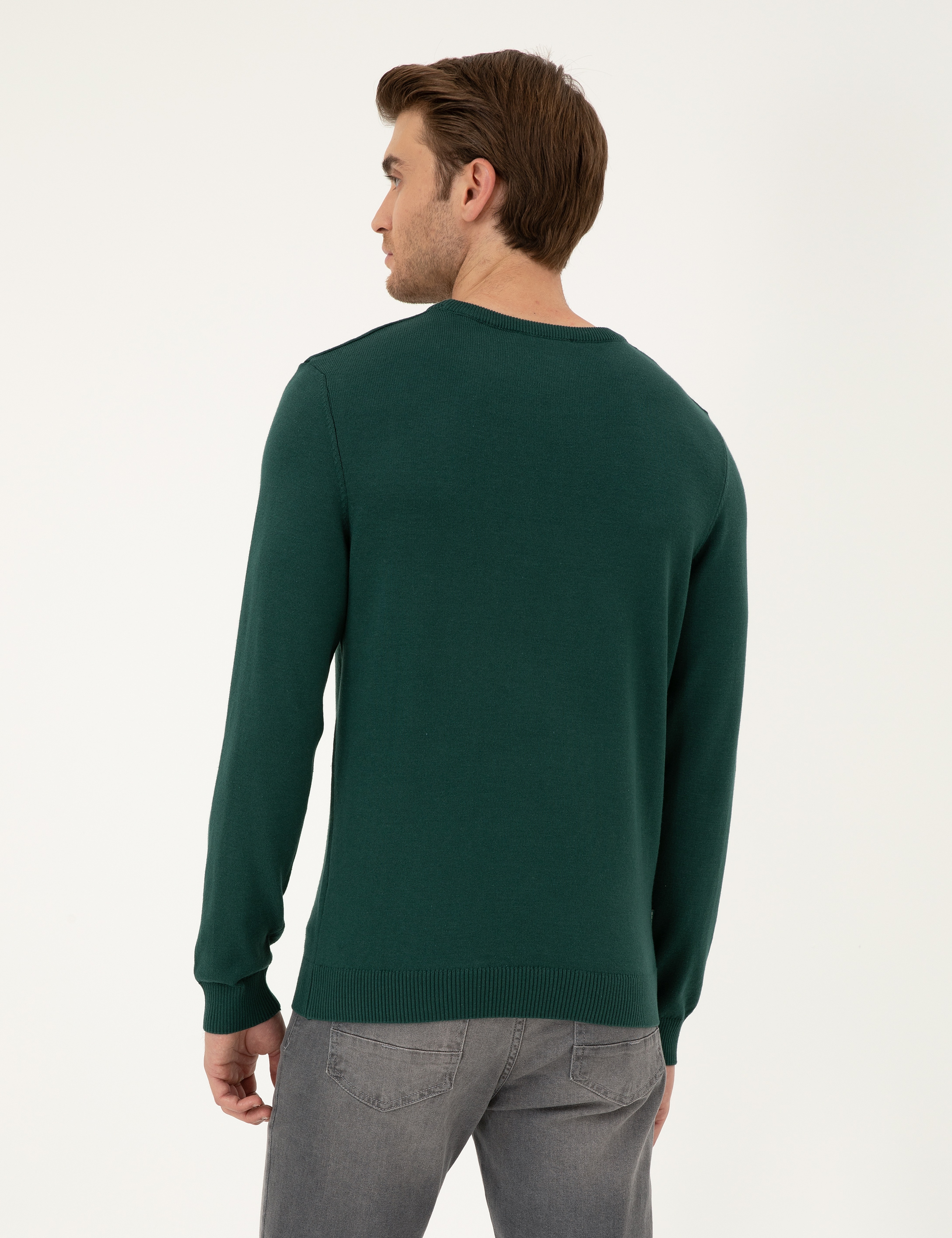 Yeşil Slim Fit Bisiklet Yaka Basic Triko Kazak - Image 5