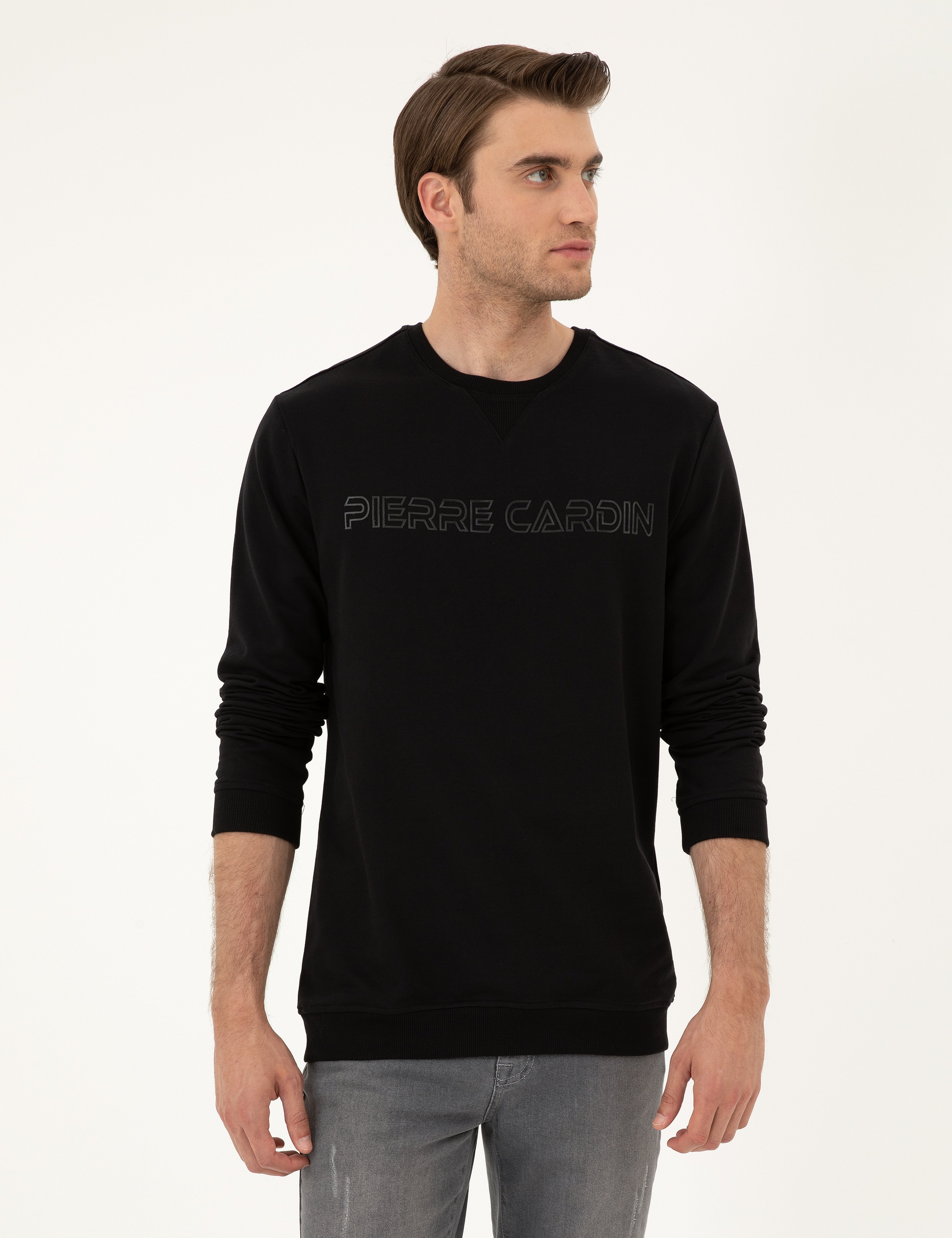 Siyah 2 İplik Regular Fit İçi %100 Pamuk Sweatshirt - Image 1