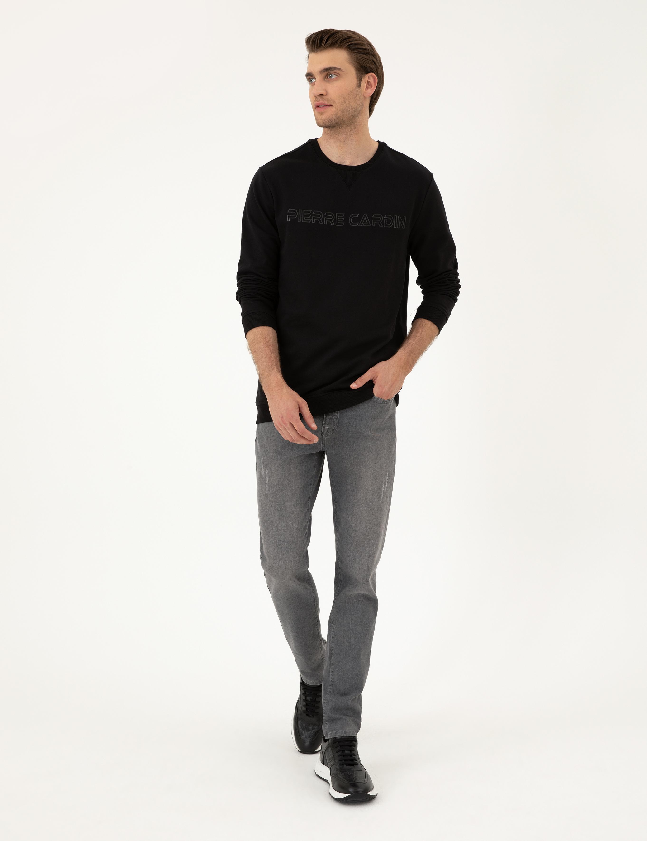 Siyah 2 İplik Regular Fit İçi Polarlı %100 Pamuk Sweatshirt