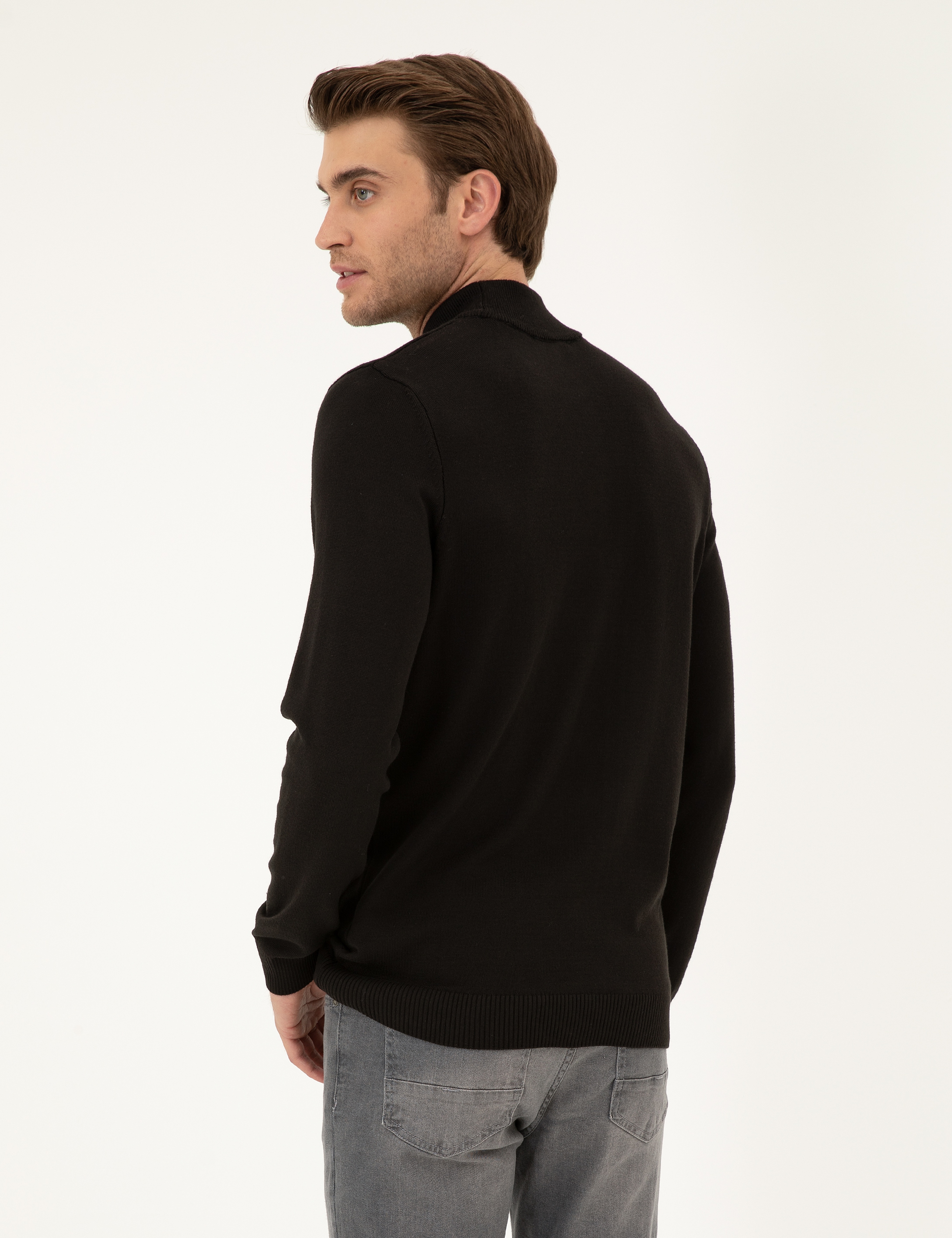 Siyah Slim Fit Yarım Balıkçı Yaka Basic Triko Kazak - Image 5