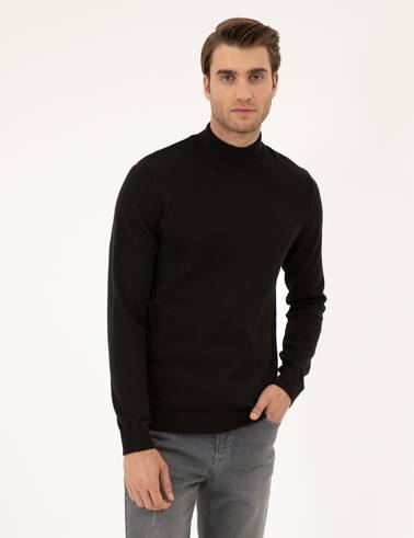 Siyah Slim Fit Yarım Balıkçı Yaka Basic Triko Kazak