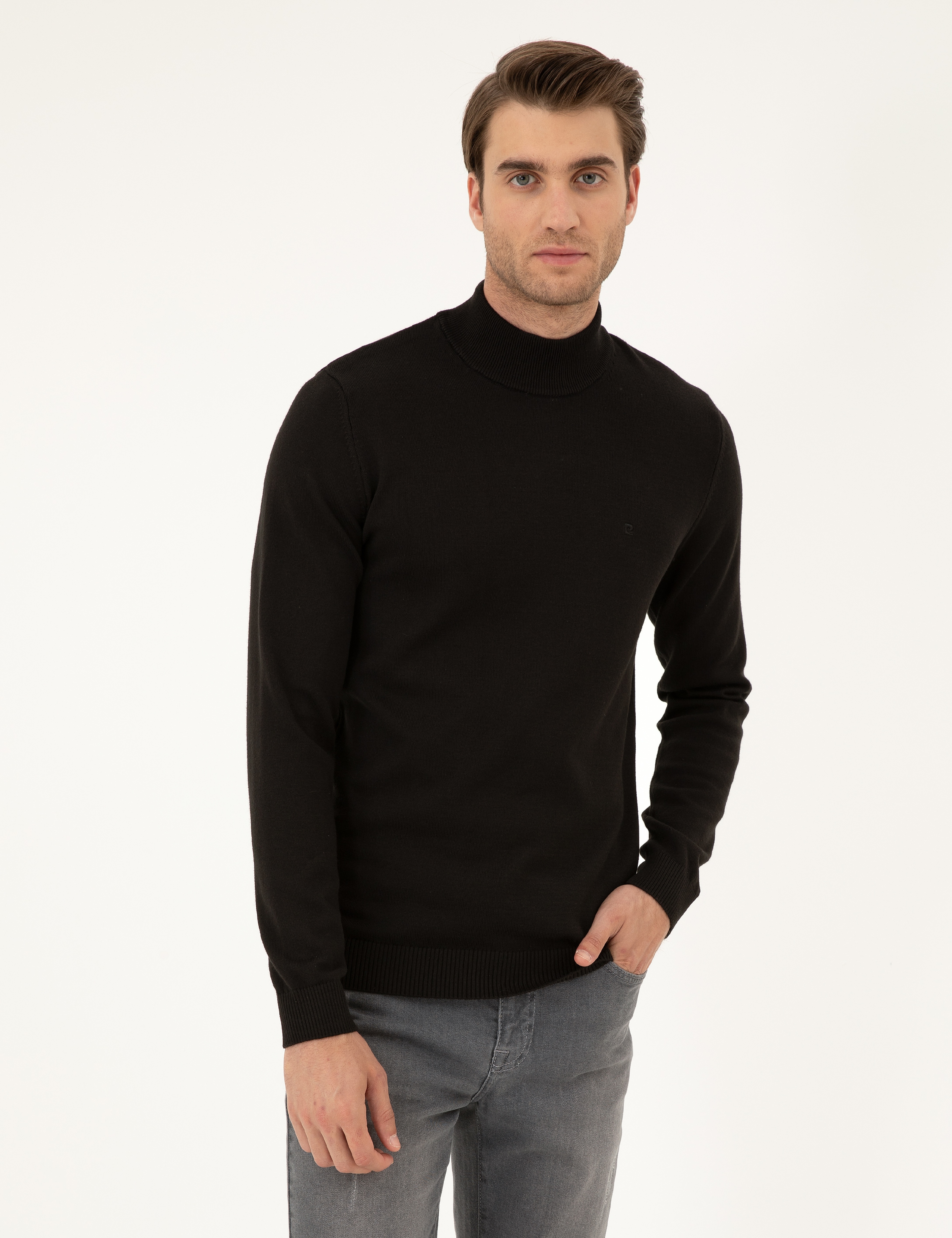 Siyah Slim Fit Yarım Balıkçı Yaka Basic Triko Kazak