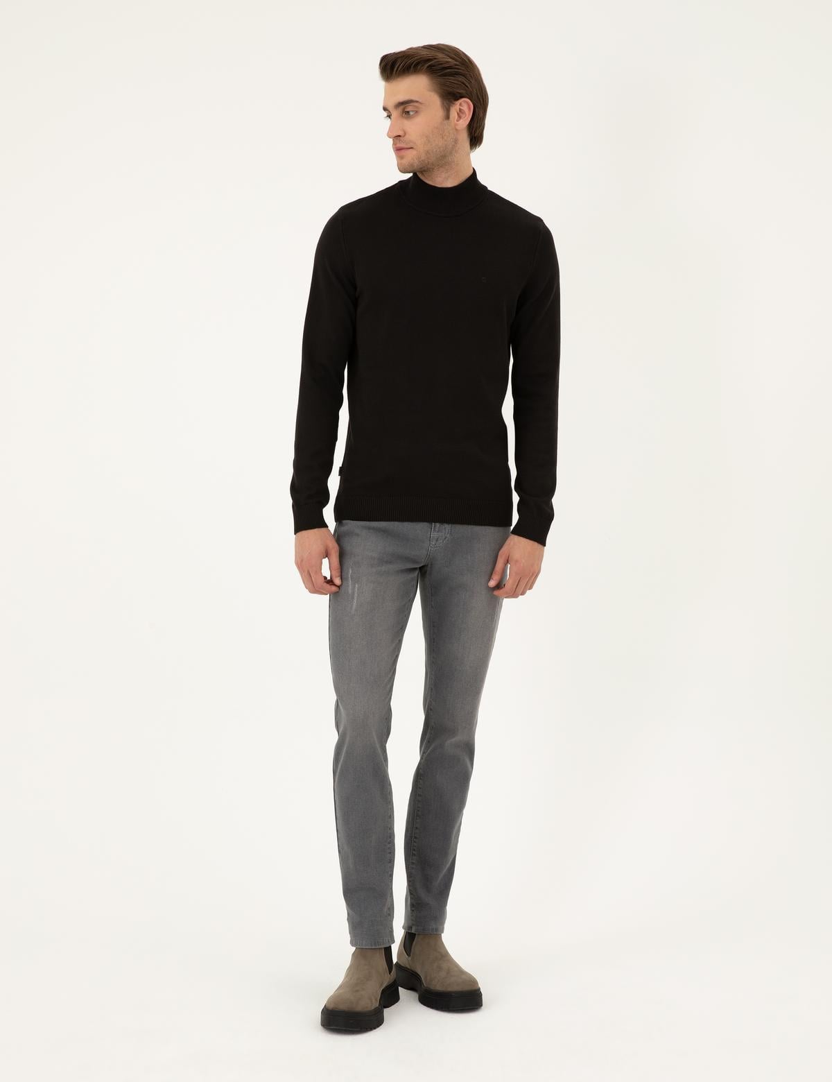 Siyah Slim Fit Yarım Balıkçı Yaka Basic Triko Kazak - 50296548024