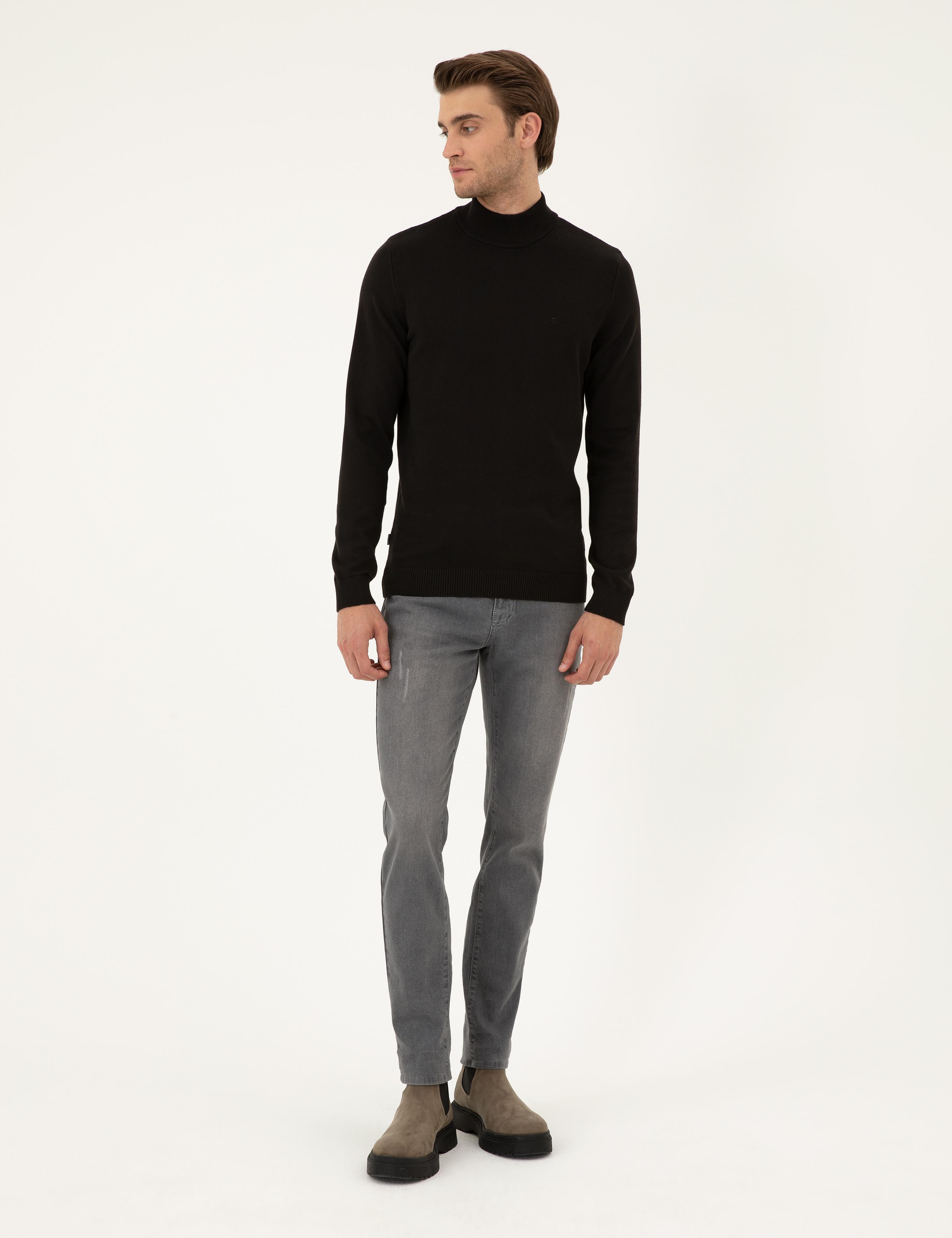 Siyah Slim Fit Yarım Balıkçı Yaka Basic Triko Kazak