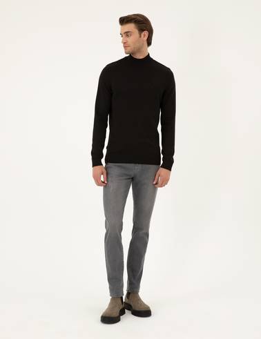 Siyah Slim Fit Yarım Balıkçı Yaka Basic Triko Kazak