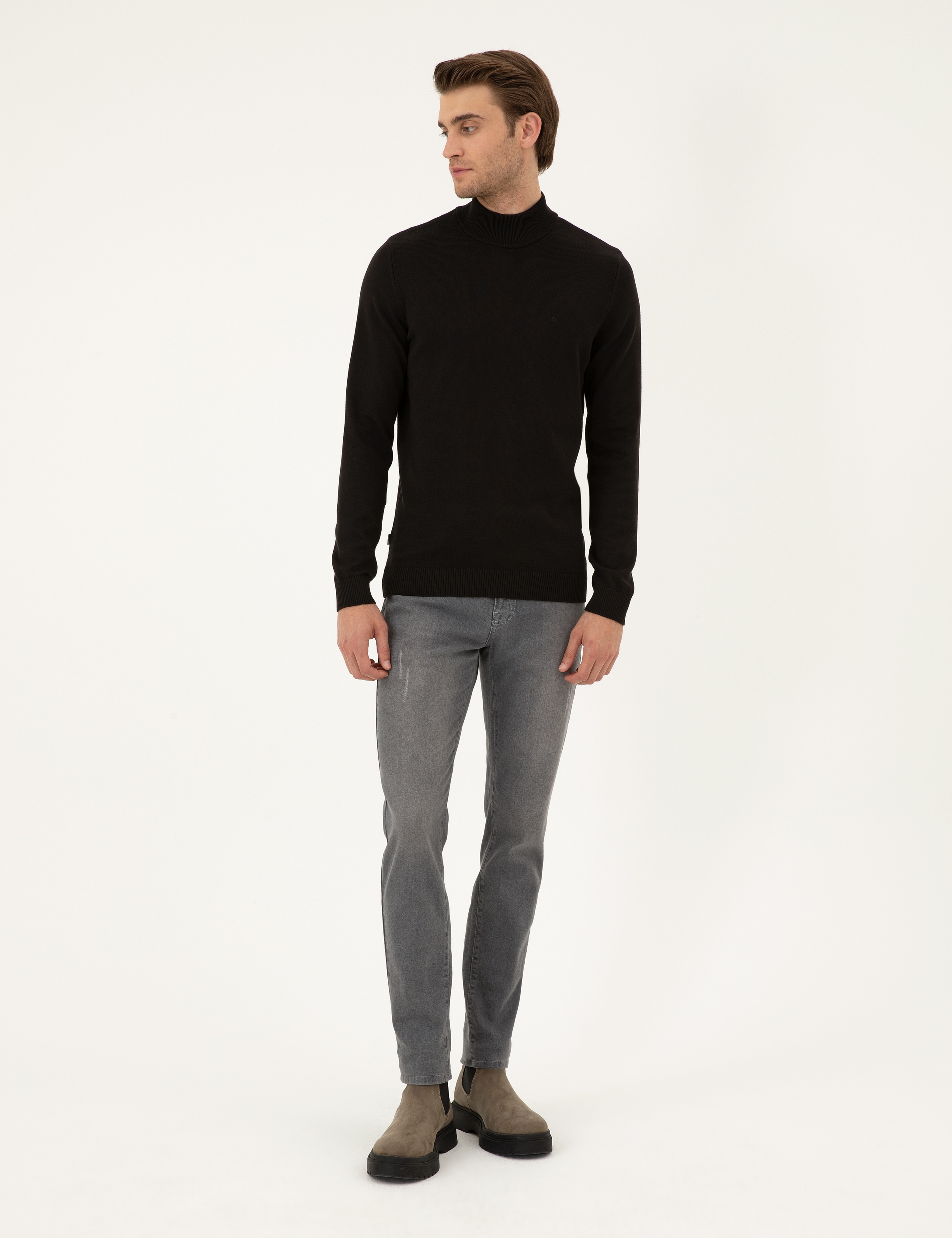 Siyah Slim Fit Yarım Balıkçı Yaka Basic Triko Kazak