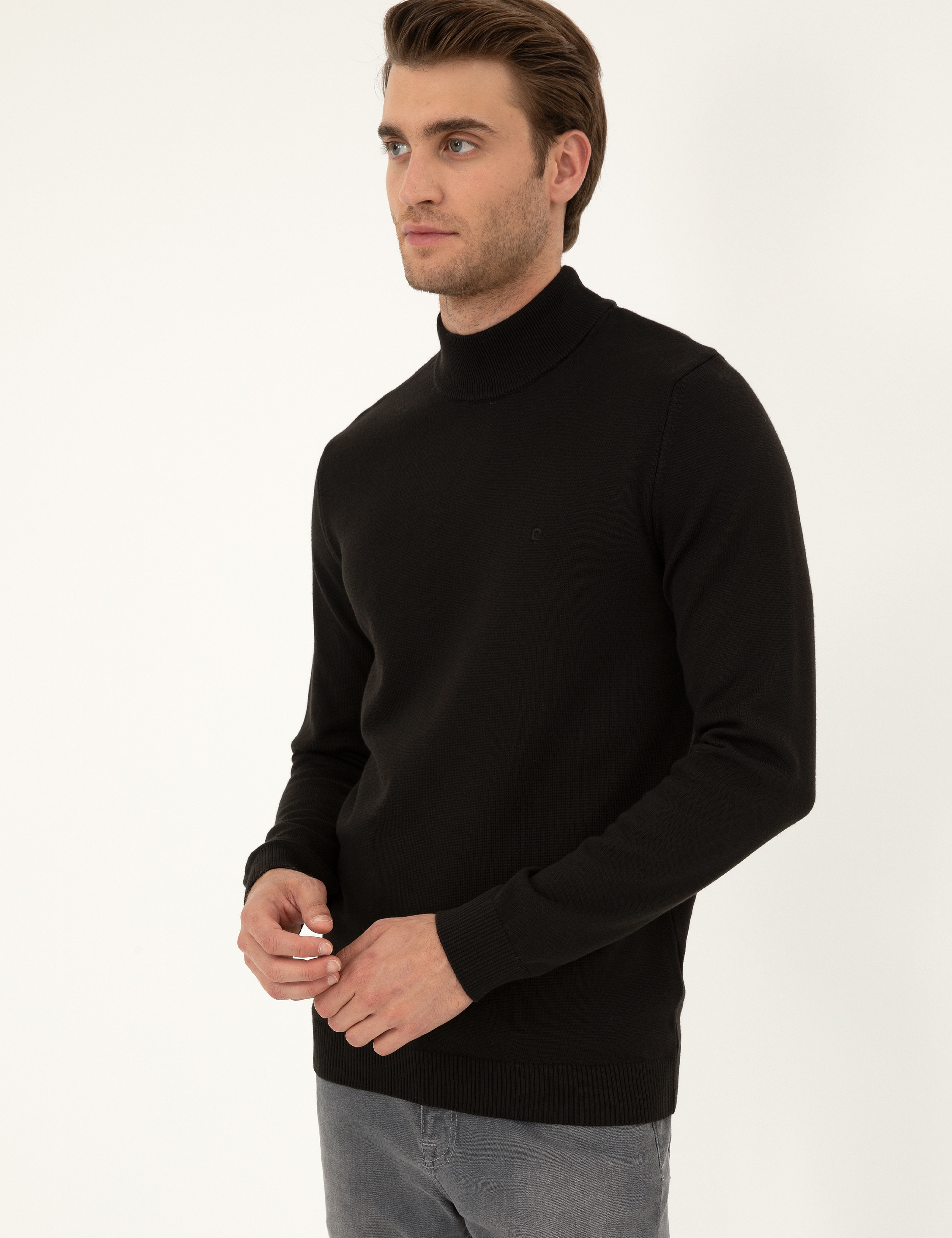 Siyah Slim Fit Yarım Balıkçı Yaka Basic Triko Kazak - Image 3