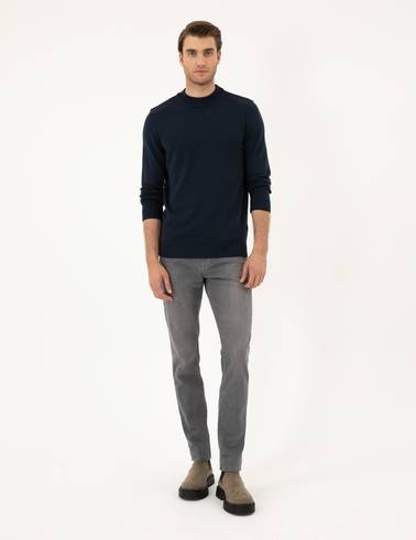 Lacivert Melanj Slim Fit Çeyrek Yaka Basic Triko Kazak