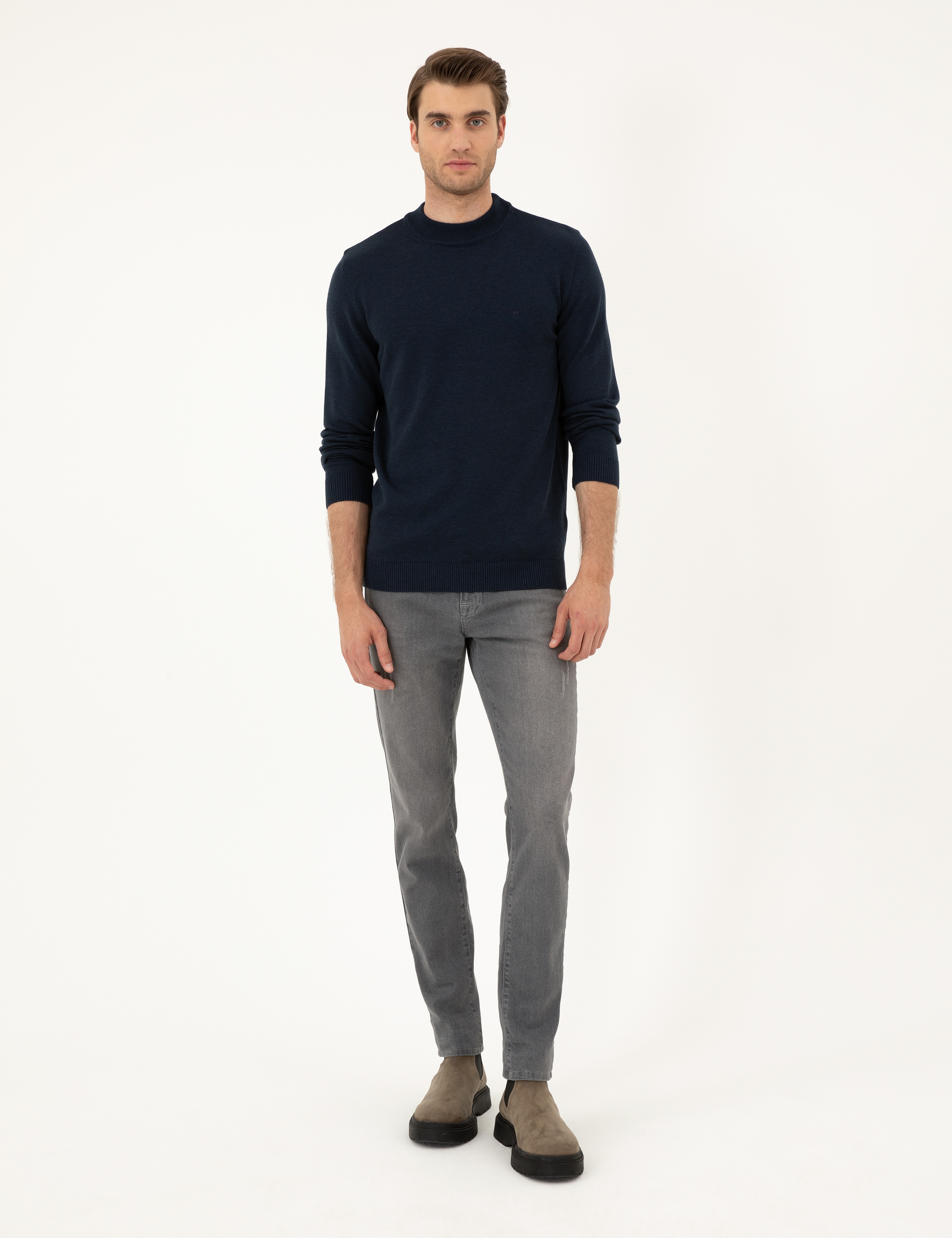 Lacivert Melanj Slim Fit Çeyrek Yaka Basic Triko Kazak - Image 4