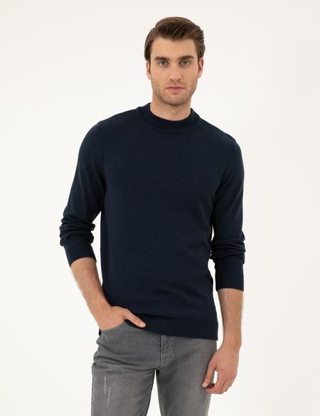 Lacivert Melanj Slim Fit Çeyrek Yaka Basic Triko Kazak - 50296564021